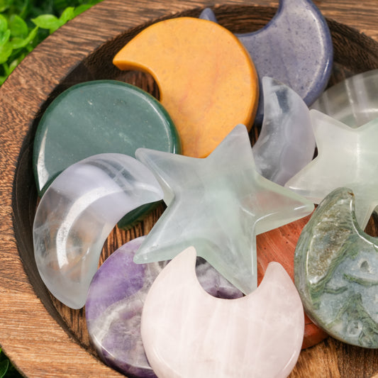Mixed Crystal Moon & Star Carvings | Natural Polished Palm Stones for Meditation & Altar Décor