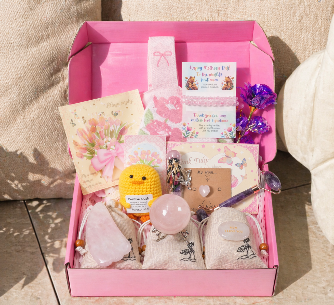 Mother’s Day Crystal Gift Set - Healing Rose Quartz & Amethyst Spa Box, Spiritual Wellness Gift for Mom, Grandma, Wife