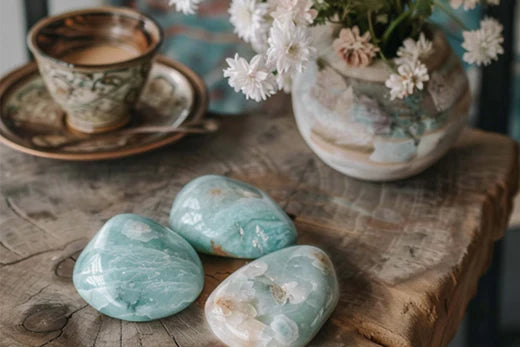 Three polished larimar stones on a rustic wooden table beside a floral arrangement and a cup of tea