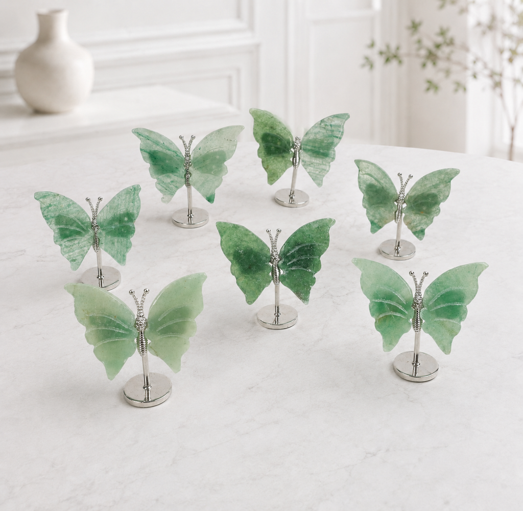 Natural Green Aventurine Butterfly Crystal Carving with Metal Stand, Decorative Crystal Ornament