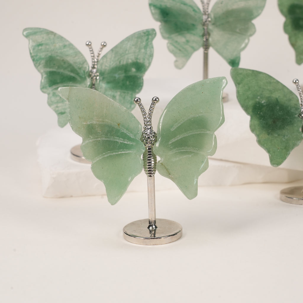 Natural Green Aventurine Butterfly Crystal Carving with Metal Stand, Decorative Crystal Ornament