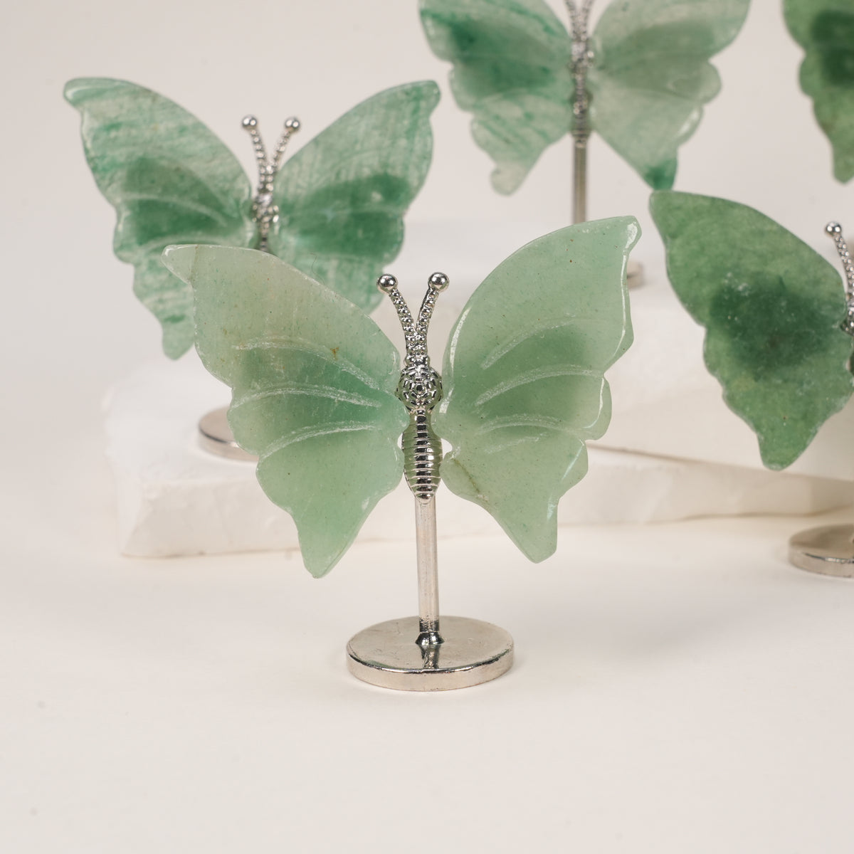 Natural Green Aventurine Butterfly Crystal Carving with Metal Stand, Decorative Crystal Ornament