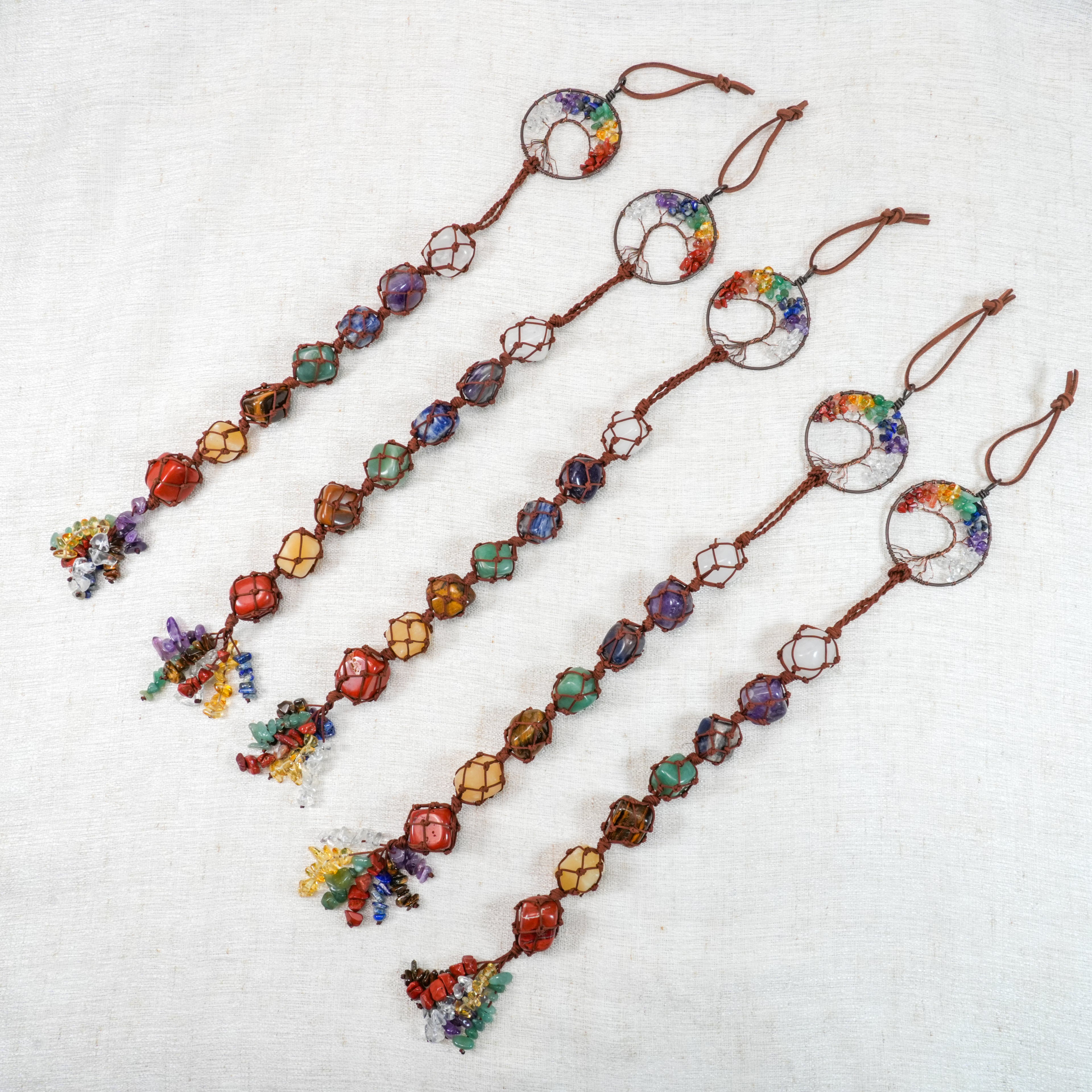 7 Chakra Tree of Life Car Hanging Ornament, Natural Raw Crystal Stones Chakra Wall Hanger, Rainbow Healing Crystal Rear View Mirror Charm for Home & Auto Decor
