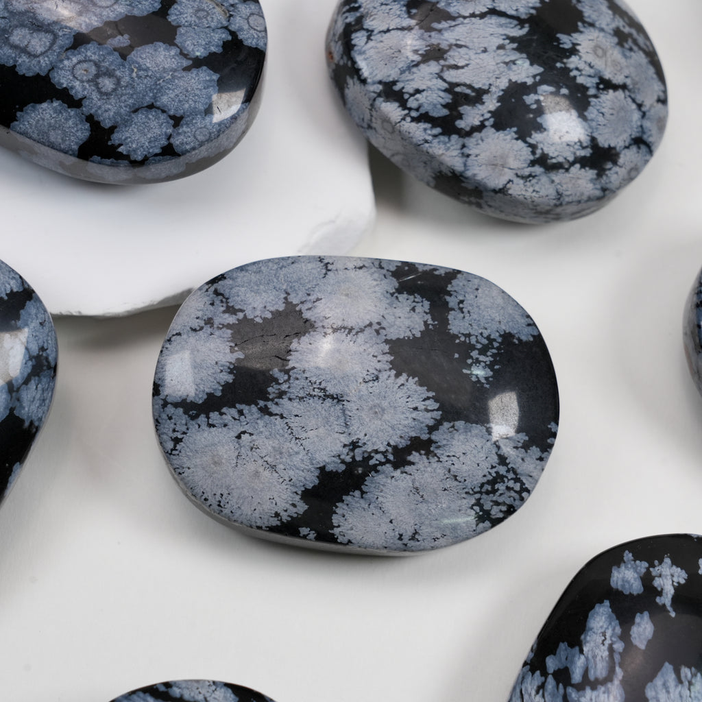 Snowflake Obsidian Palm Stone | Natural Polished Snowflake Obsidian Tumbled Pocket Stone For Meditation & Home Decor