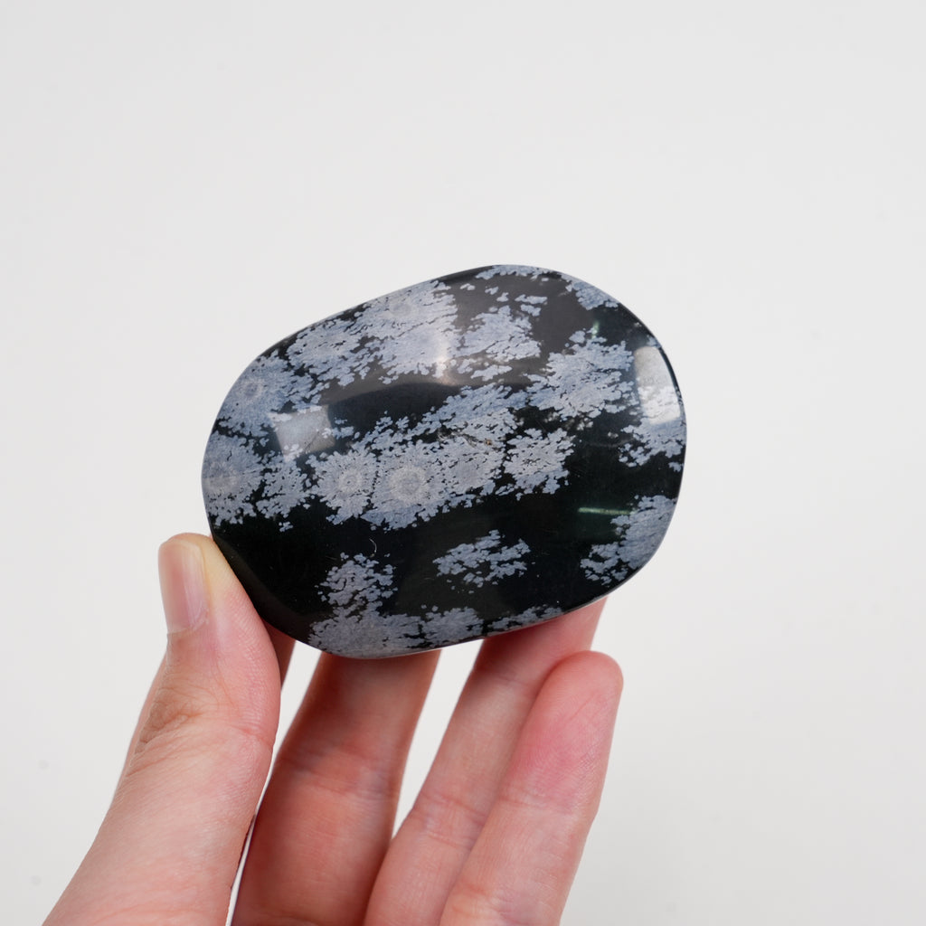 Snowflake Obsidian Palm Stone | Natural Polished Snowflake Obsidian Tumbled Pocket Stone For Meditation & Home Decor
