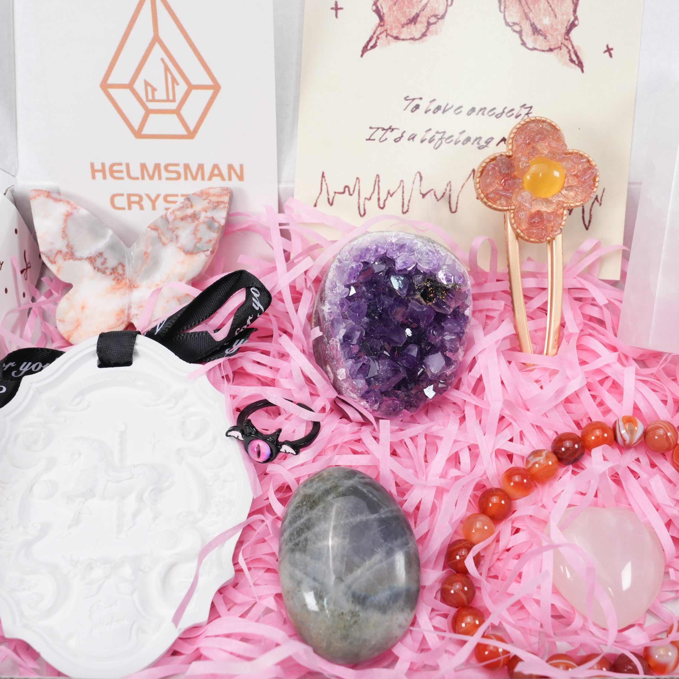 Ultimate Crystal Healing Gift Set 9pc Spiritual Box with Amethyst Cluster, Crystal Bracelet, Ring, Hair Clip, Heart & Butterfly Carving, Scented Wax Tablet & Affirmation Card - Zen Decor & Self-Care Kit