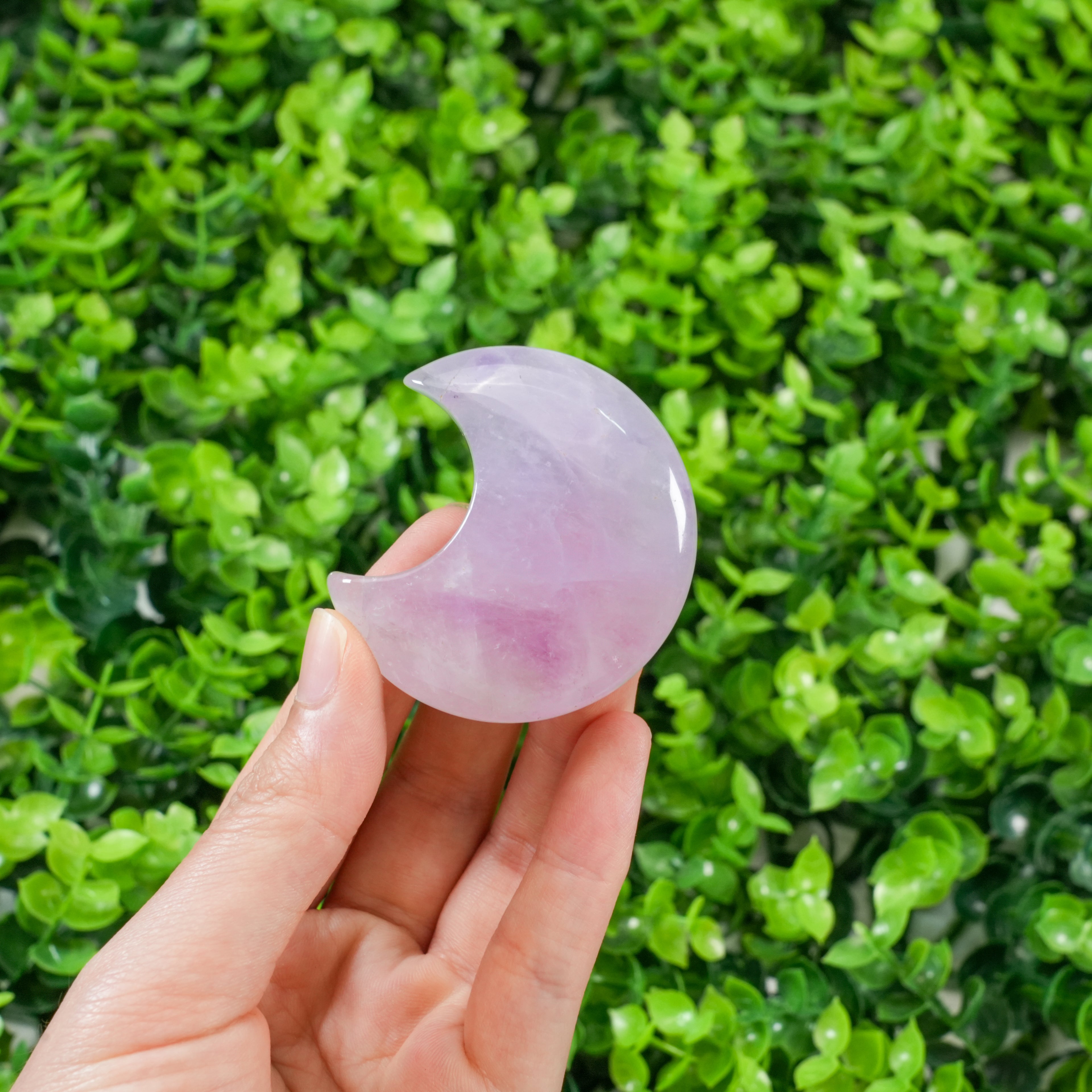 Lavender Amethyst Crescent Moon Crystal Carving | Polished Moon Palm Stone for Calming Energy, Meditation