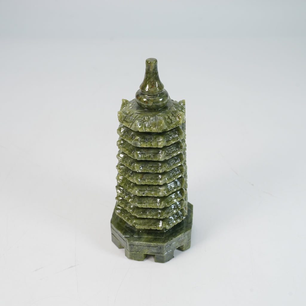 Green Jade 9-Level Wen Chang Pagoda Statue - Feng Shui Tower for Academic Success & Career Luck, 5.3" (13.5cm) Hand-Carved Crystal Figurine