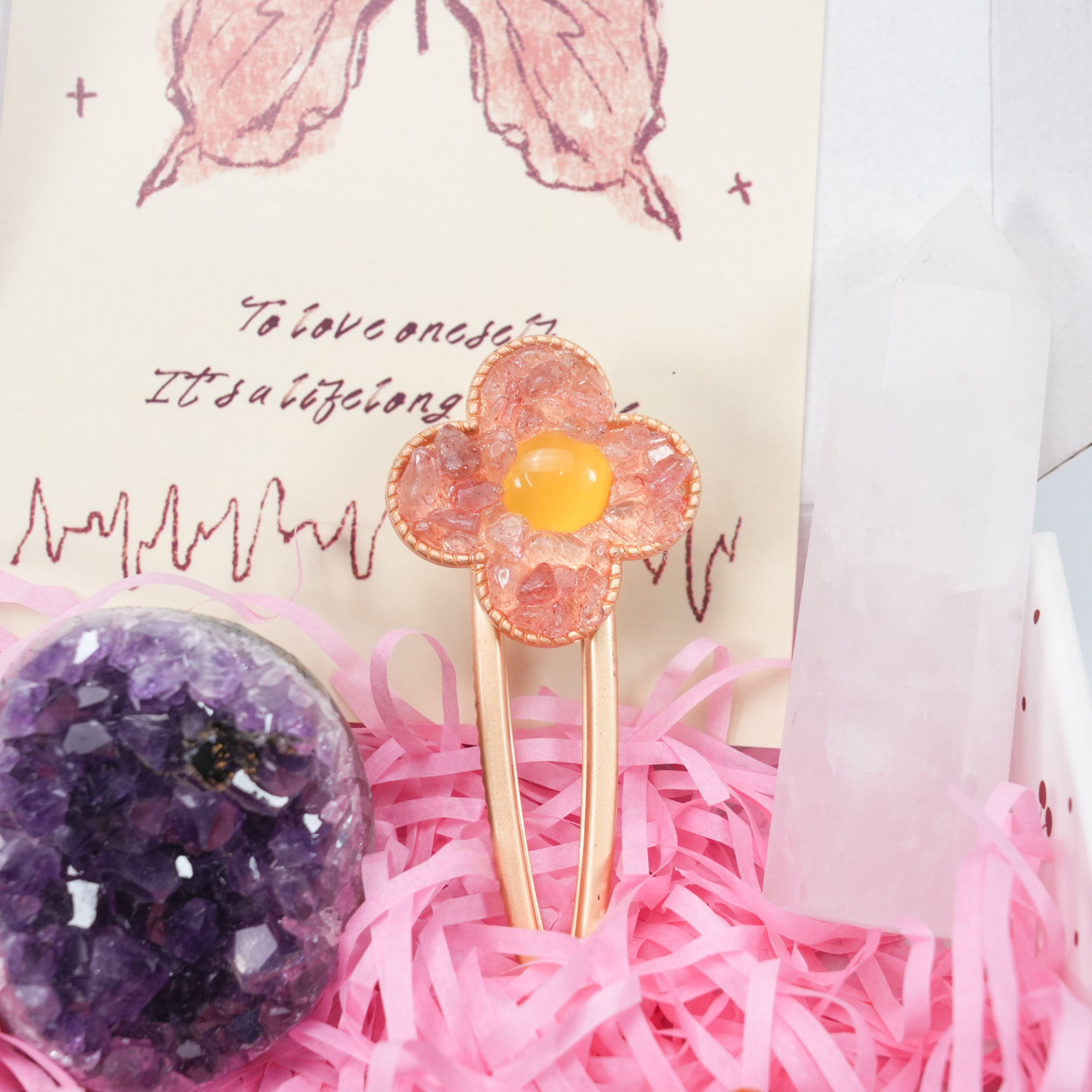 Ultimate Crystal Healing Gift Set 9pc Spiritual Box with Amethyst Cluster, Crystal Bracelet, Ring, Hair Clip, Heart & Butterfly Carving, Scented Wax Tablet & Affirmation Card - Zen Decor & Self-Care Kit