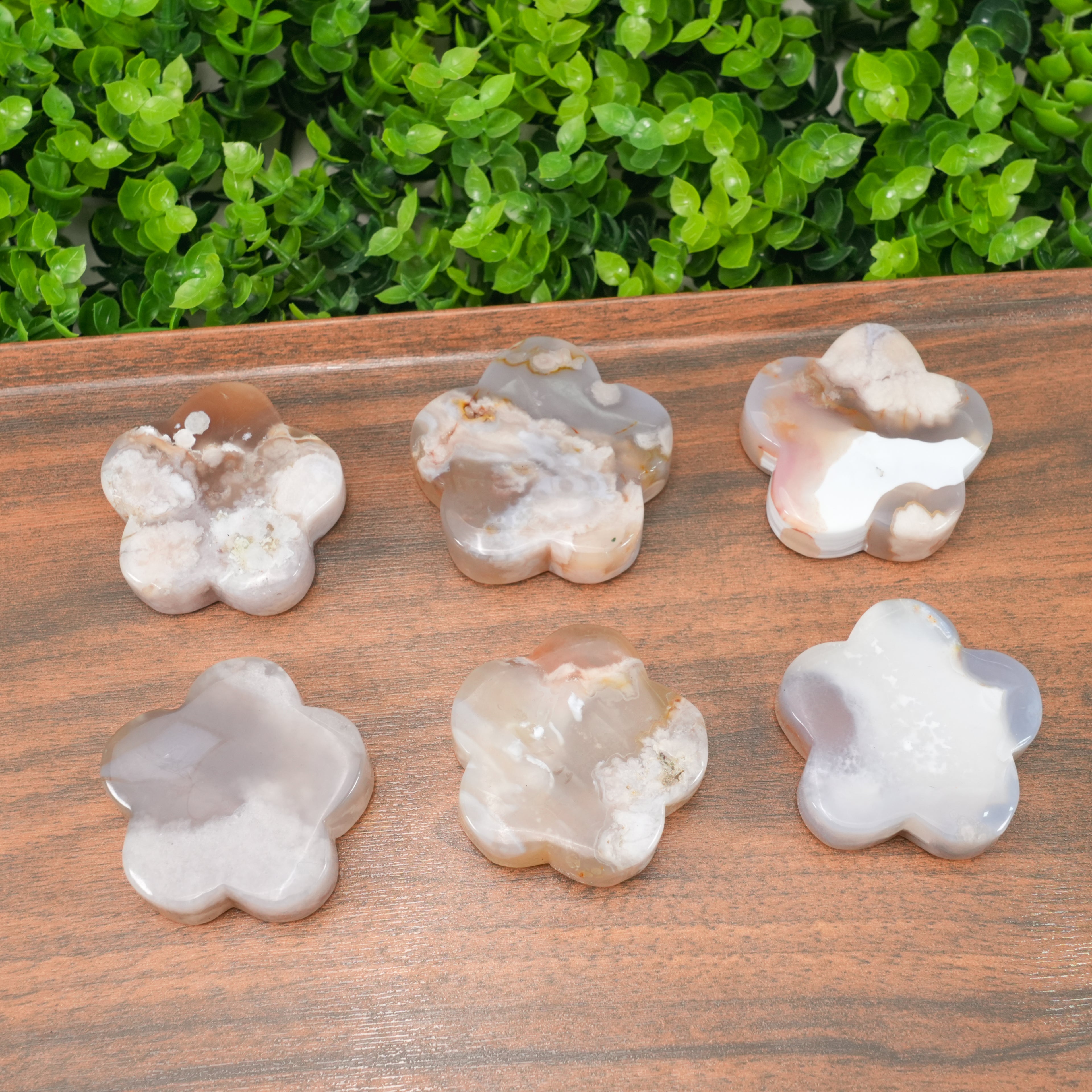 Natural Flower Agate Clover Palm Stone | Cherry Blossom Agate Carved Flower Crystal for Meditation, Healing & Home Decor