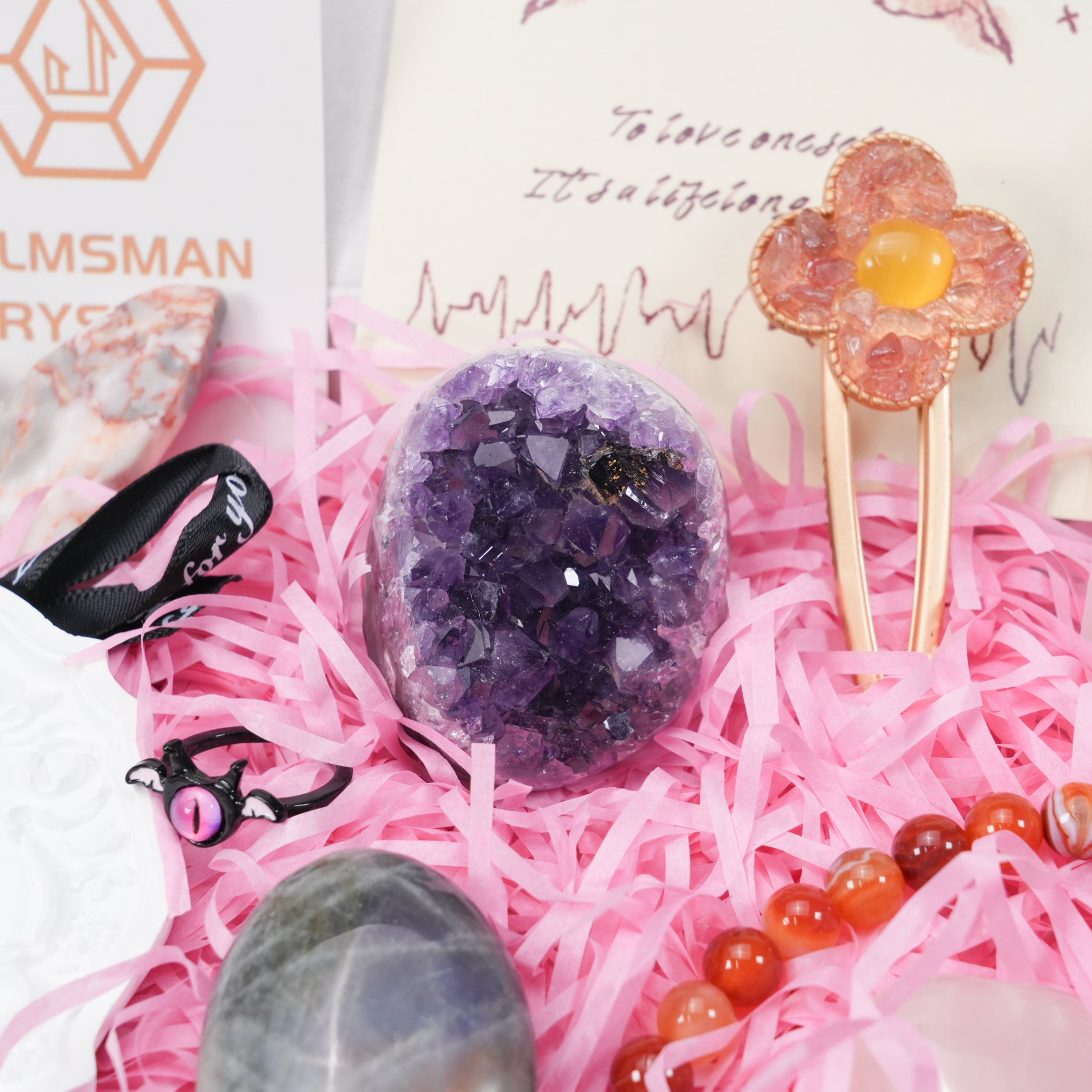 Ultimate Crystal Healing Gift Set 9pc Spiritual Box with Amethyst Cluster, Crystal Bracelet, Ring, Hair Clip, Heart & Butterfly Carving, Scented Wax Tablet & Affirmation Card - Zen Decor & Self-Care Kit