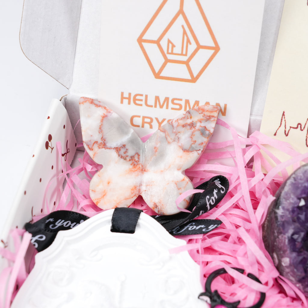 Ultimate Crystal Healing Gift Set 9pc Spiritual Box with Amethyst Cluster, Crystal Bracelet, Ring, Hair Clip, Heart & Butterfly Carving, Scented Wax Tablet & Affirmation Card - Zen Decor & Self-Care Kit