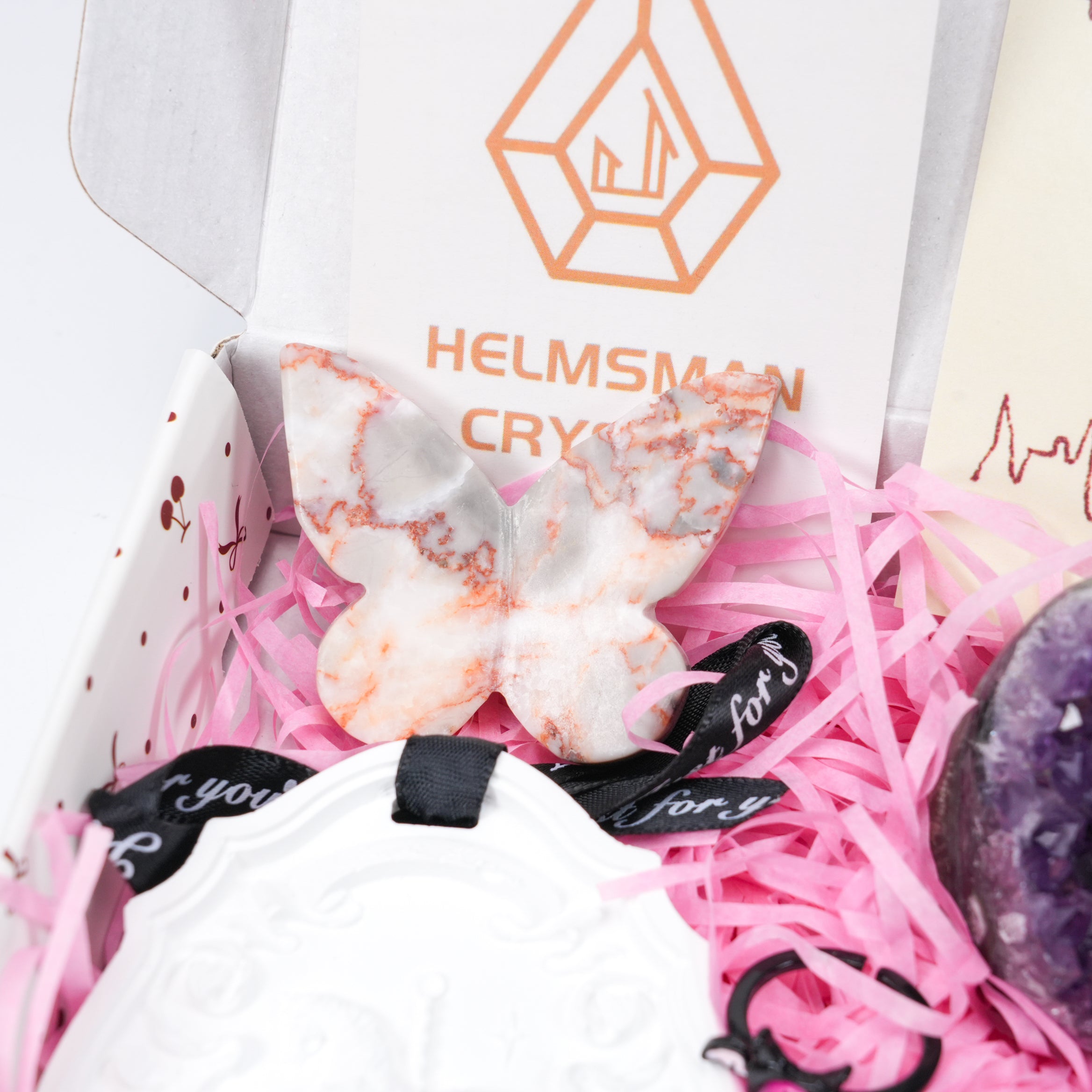 Ultimate Crystal Healing Gift Set 9pc Spiritual Box with Amethyst Cluster, Crystal Bracelet, Ring, Hair Clip, Heart & Butterfly Carving, Scented Wax Tablet & Affirmation Card - Zen Decor & Self-Care Kit