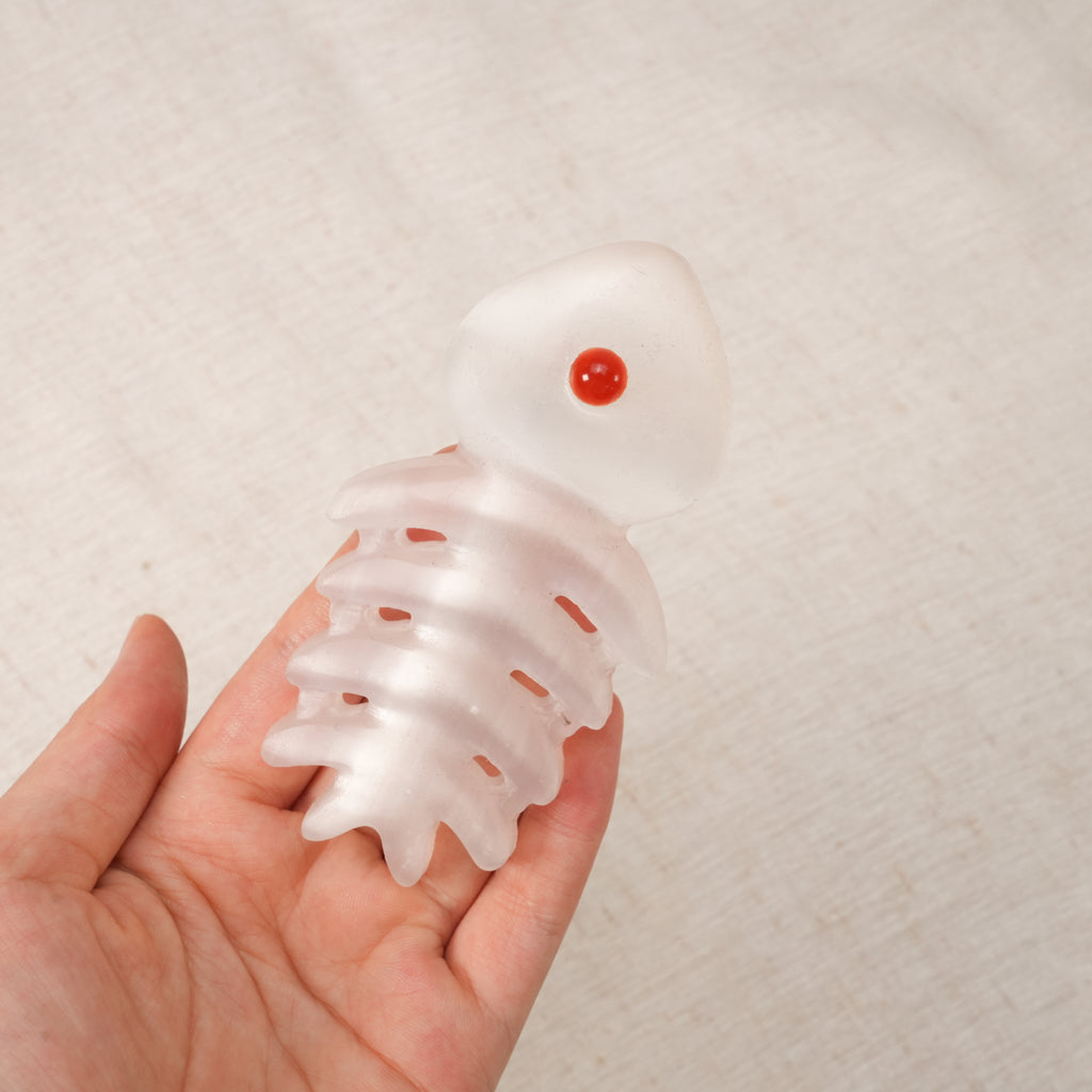Selenite Fish Bone Carving With Red Agate Eye, Hand Carved Selenite Fish Skeleton Figurine Healing Crystal Witchy Desk Decor Gift