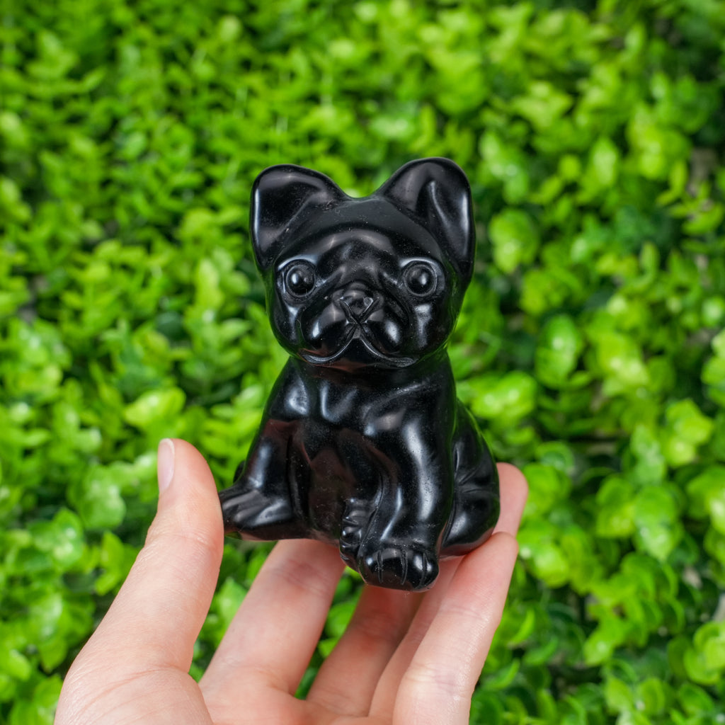 Black Obsidian French Bulldog Carving | Natural Crystal Protection Figurine