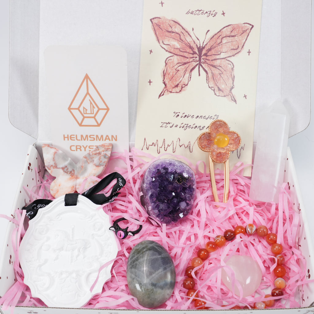 Ultimate Crystal Healing Gift Set 9pc Spiritual Box with Amethyst Cluster, Crystal Bracelet, Ring, Hair Clip, Heart & Butterfly Carving, Scented Wax Tablet & Affirmation Card - Zen Decor & Self-Care Kit