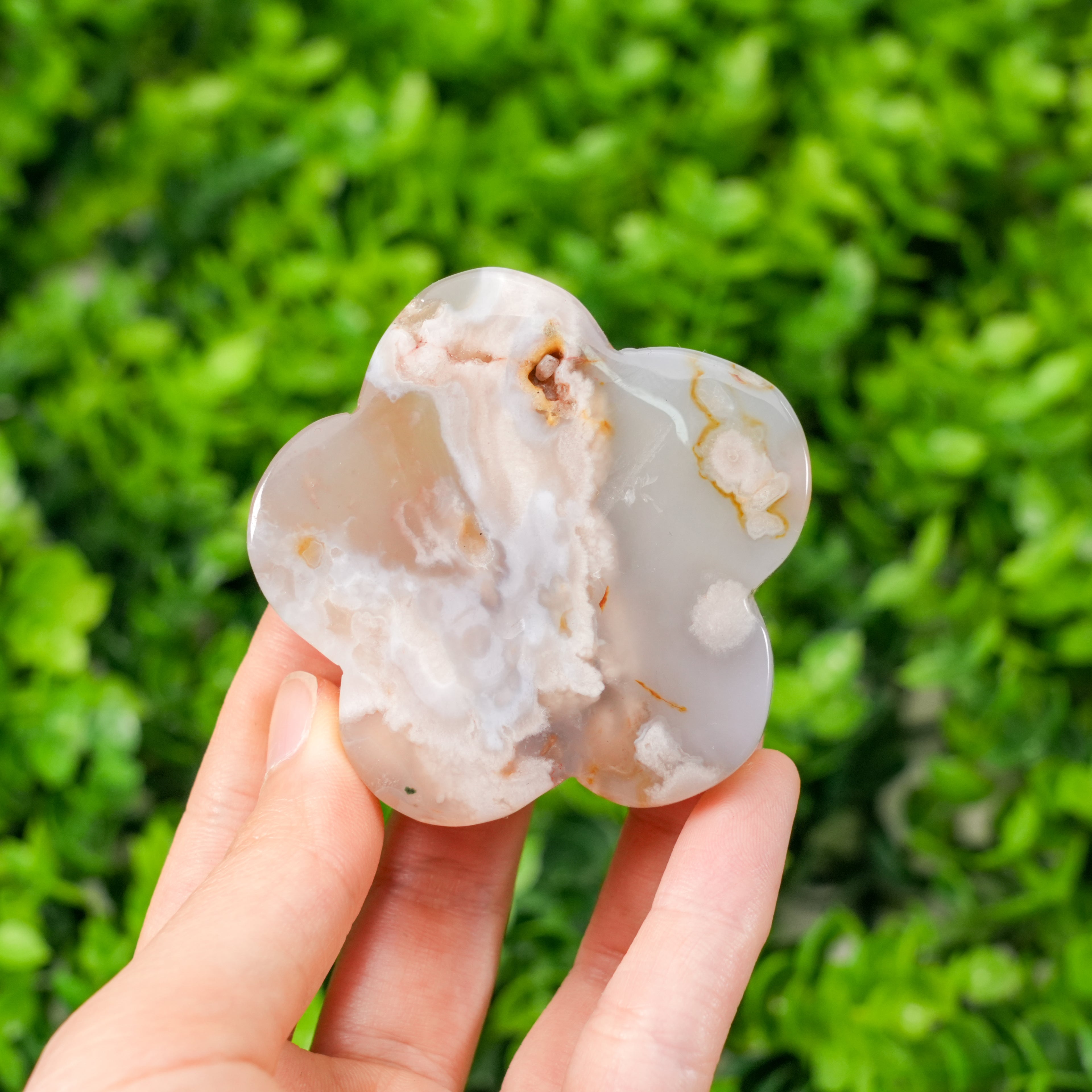 Natural Flower Agate Clover Palm Stone | Cherry Blossom Agate Carved Flower Crystal for Meditation, Healing & Home Decor
