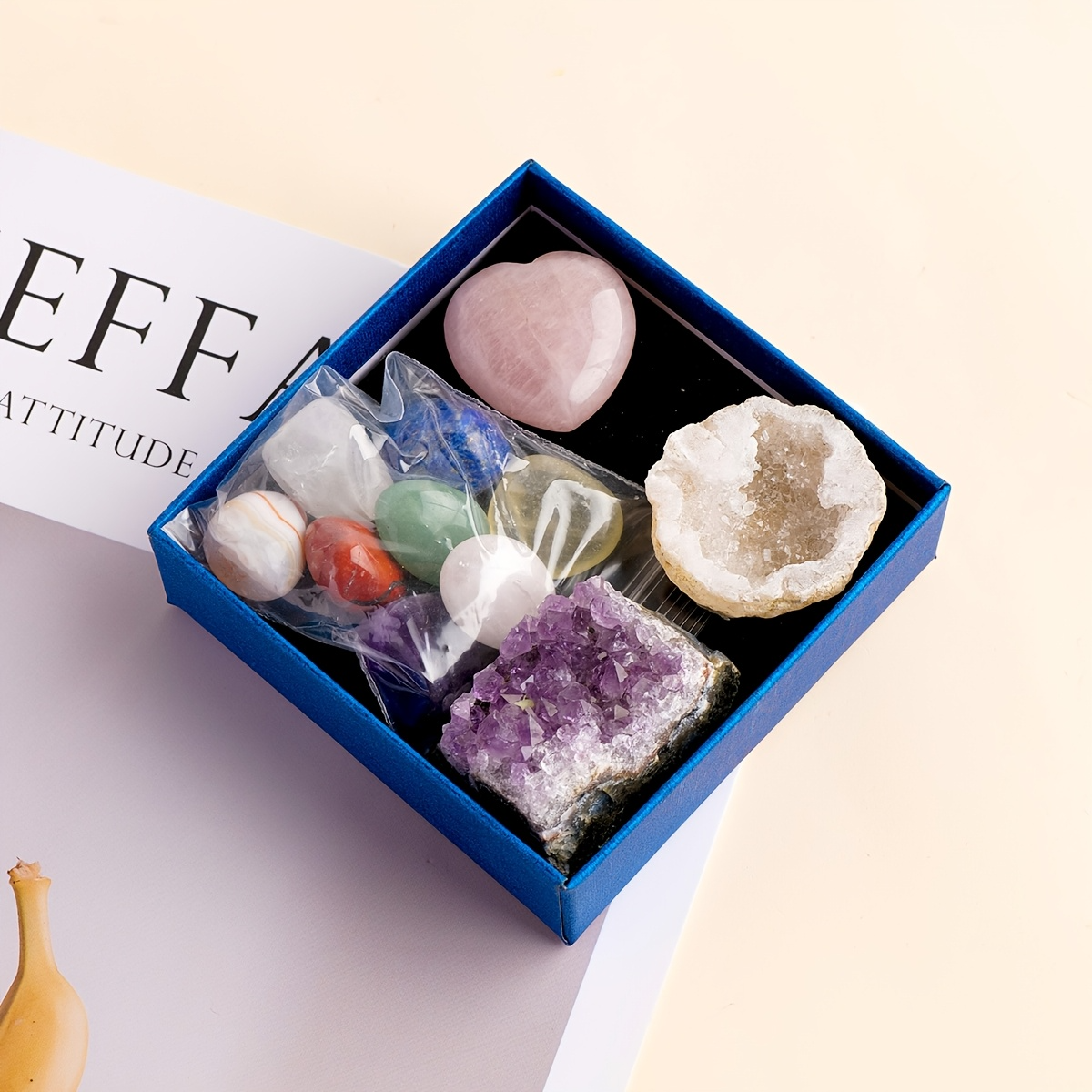 Natural Healing Crystal Gift Box Kit, Rose Quartz Heart Palm Stone, Amethyst Cluster, Clear Quartz Geode Agate, 7 Chakra Polished Tumbled Stones Set For Meditation, Home Desk Decor, Valentine’s Day Jewelry Making Gift