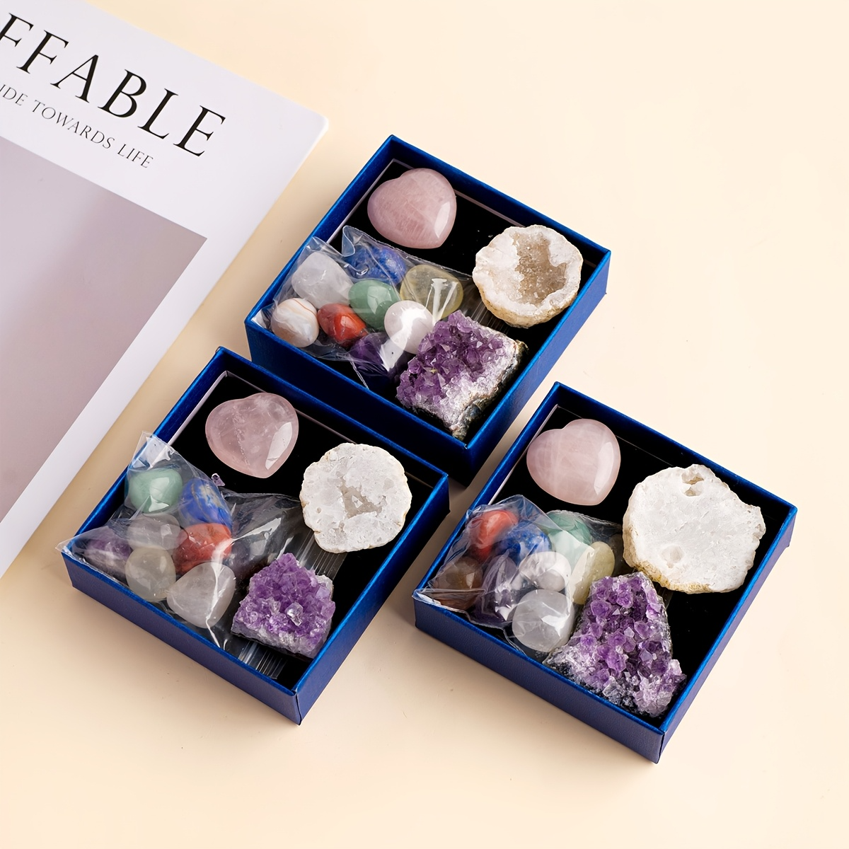 Natural Healing Crystal Gift Box Kit, Rose Quartz Heart Palm Stone, Amethyst Cluster, Clear Quartz Geode Agate, 7 Chakra Polished Tumbled Stones Set For Meditation, Home Desk Decor, Valentine’s Day Jewelry Making Gift