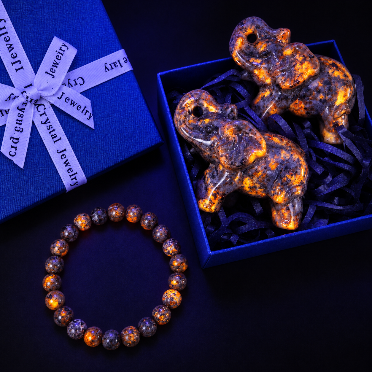 Yooperlite Gift Set, 2 Elephant Carvings or 2 Dragon Heads Carvings with an 8mm Beaded Bracelet, Gift Box Included
