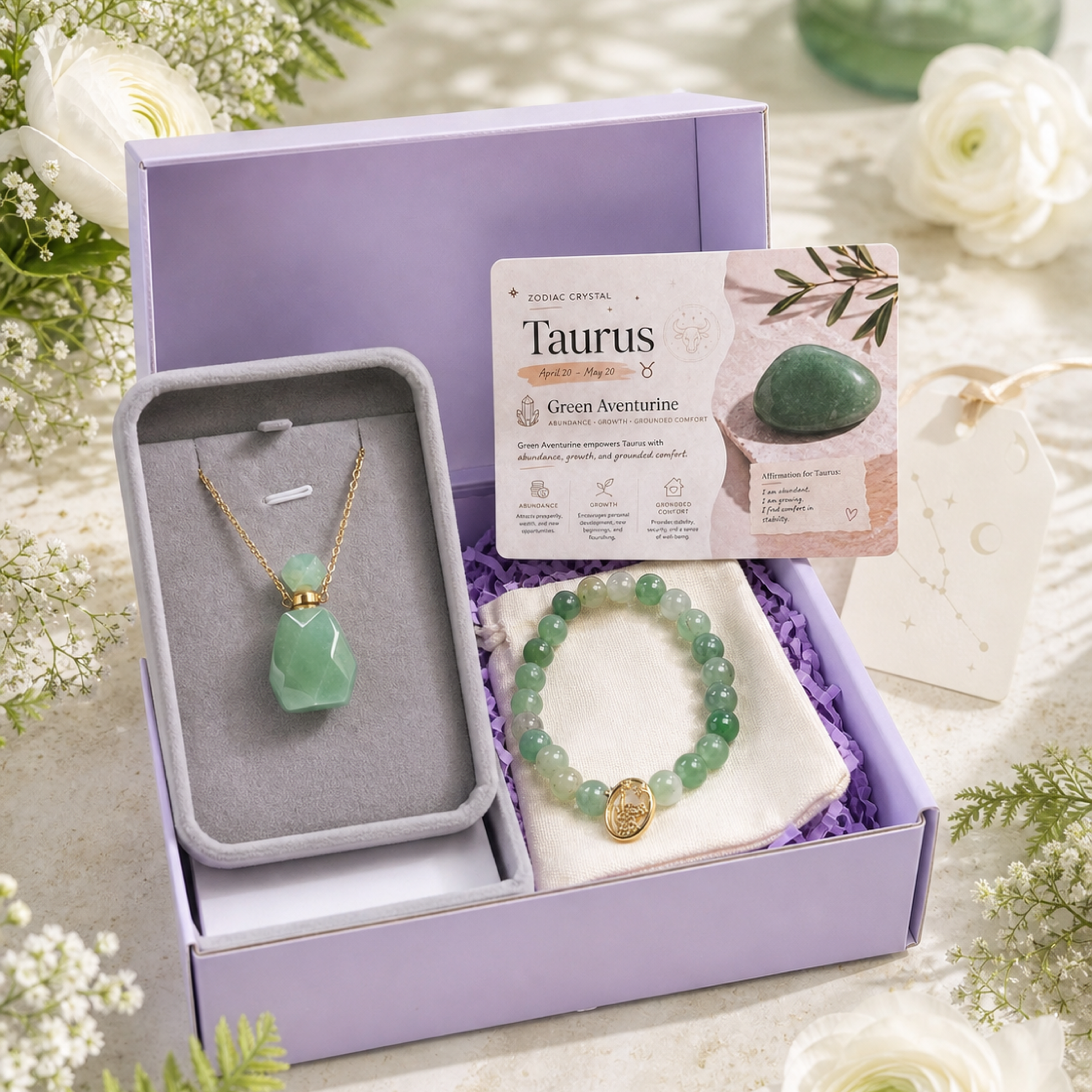 Zodiac Crystal Jewelry Gift Set | Matching Bracelet & Perfume Bottle Necklace, 12 Star Signs Available