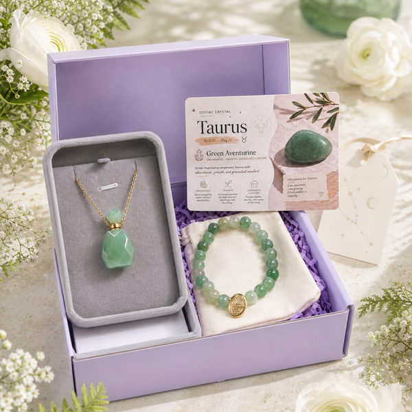 Zodiac Crystal Jewelry Gift Set | Matching Bracelet & Perfume Bottle Necklace, 12 Star Signs Available