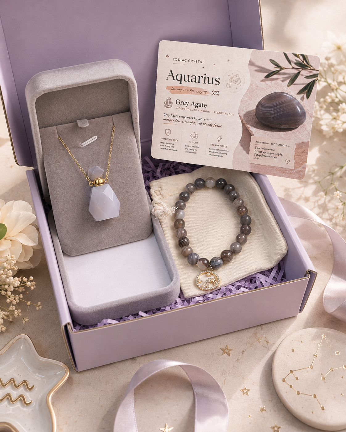 Zodiac Crystal Jewelry Gift Set | Matching Bracelet & Perfume Bottle Necklace, 12 Star Signs Available