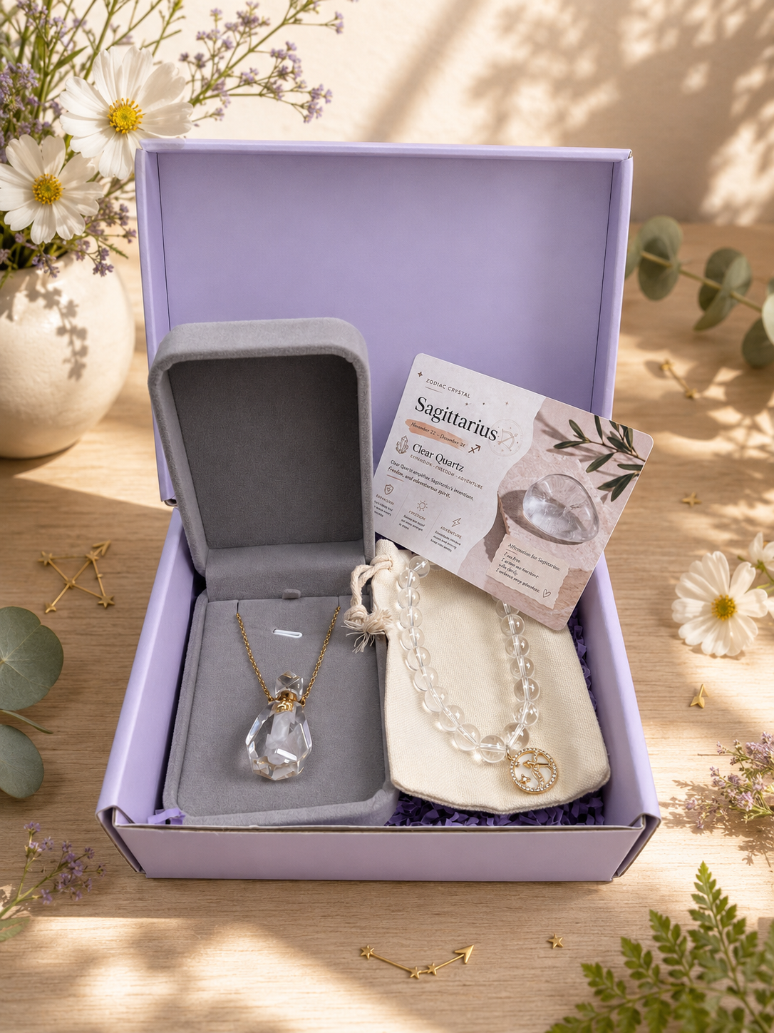 Zodiac Crystal Jewelry Gift Set | Matching Bracelet & Perfume Bottle Necklace, 12 Star Signs Available
