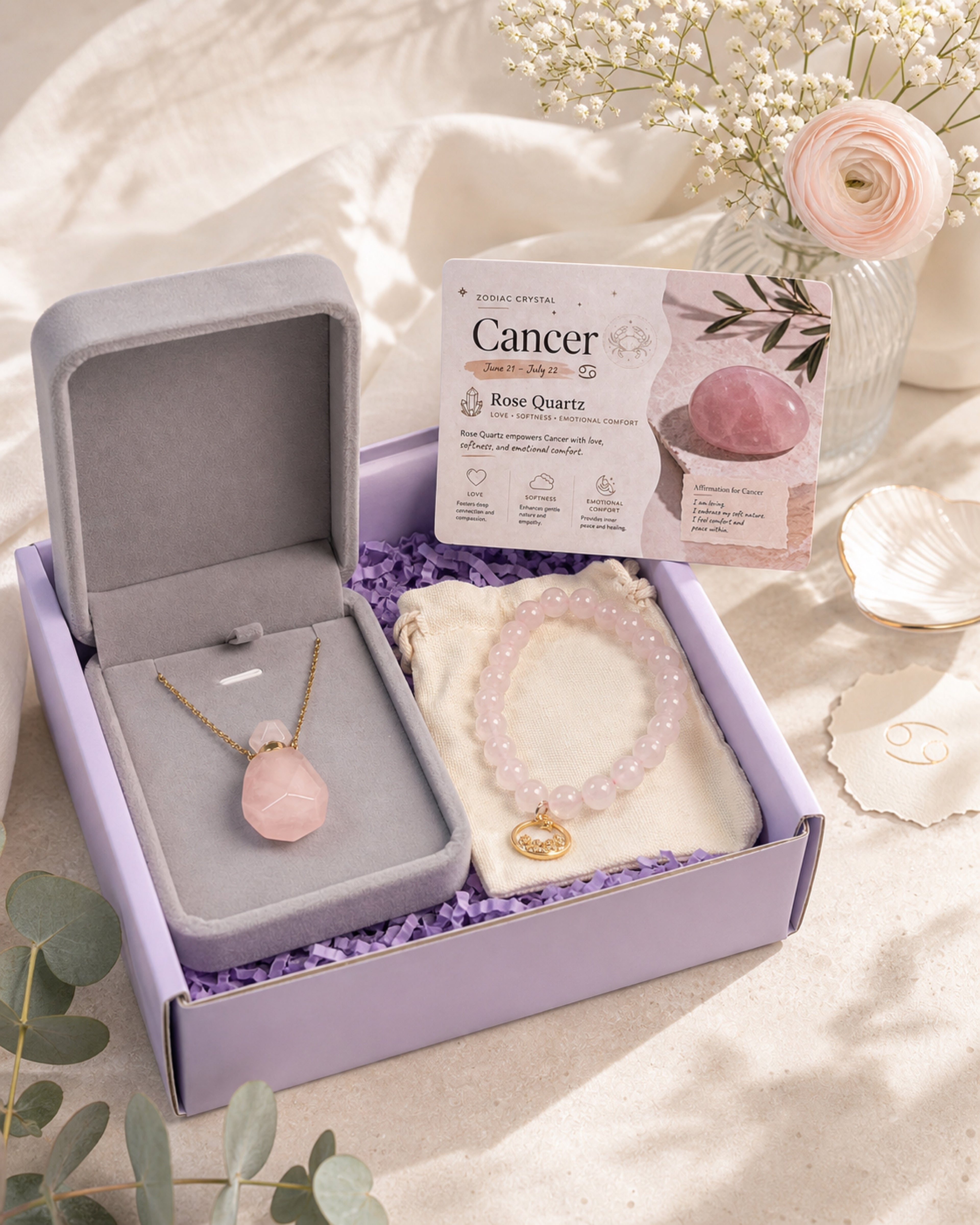Zodiac Crystal Jewelry Gift Set | Matching Bracelet & Perfume Bottle Necklace, 12 Star Signs Available