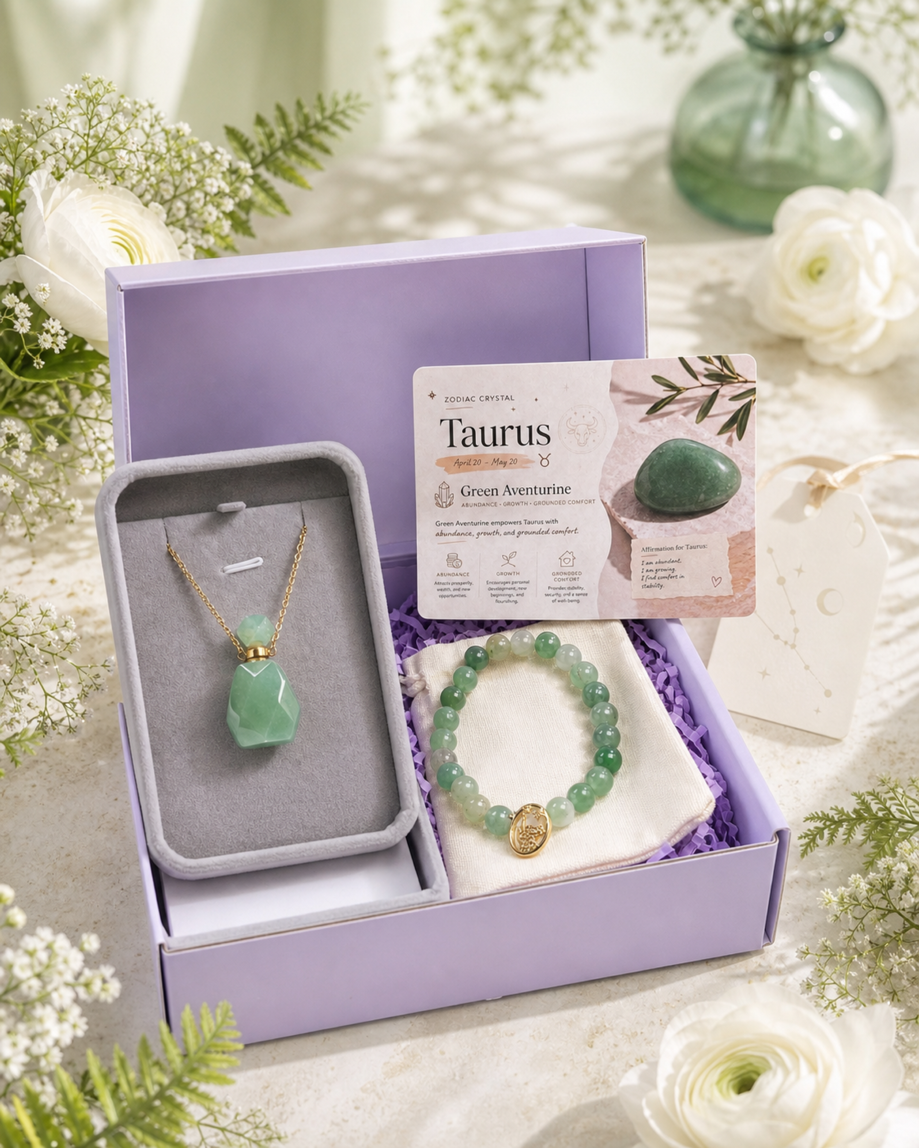 Zodiac Crystal Jewelry Gift Set | Matching Bracelet & Perfume Bottle Necklace, 12 Star Signs Available