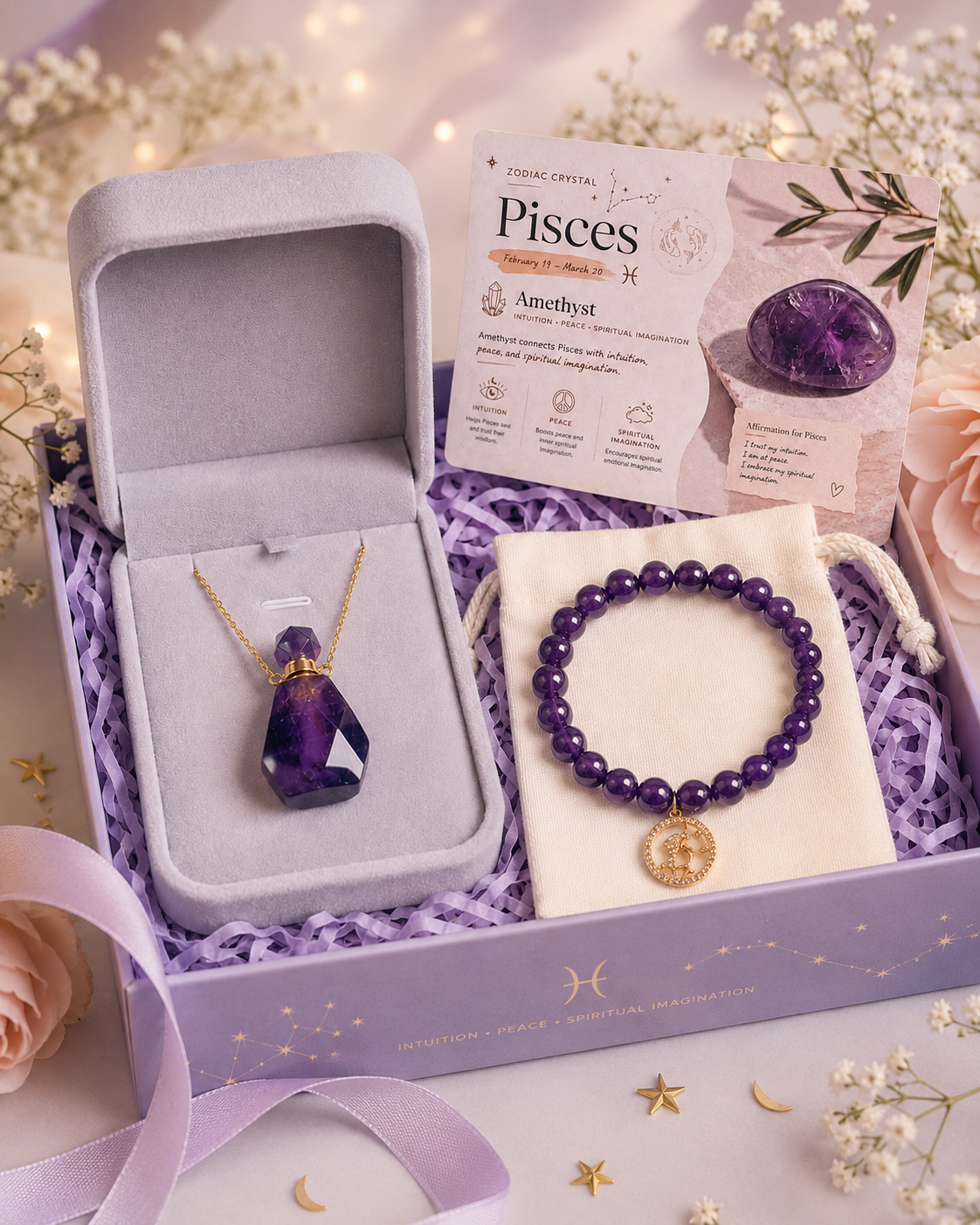 Zodiac Crystal Jewelry Gift Set | Matching Bracelet & Perfume Bottle Necklace, 12 Star Signs Available