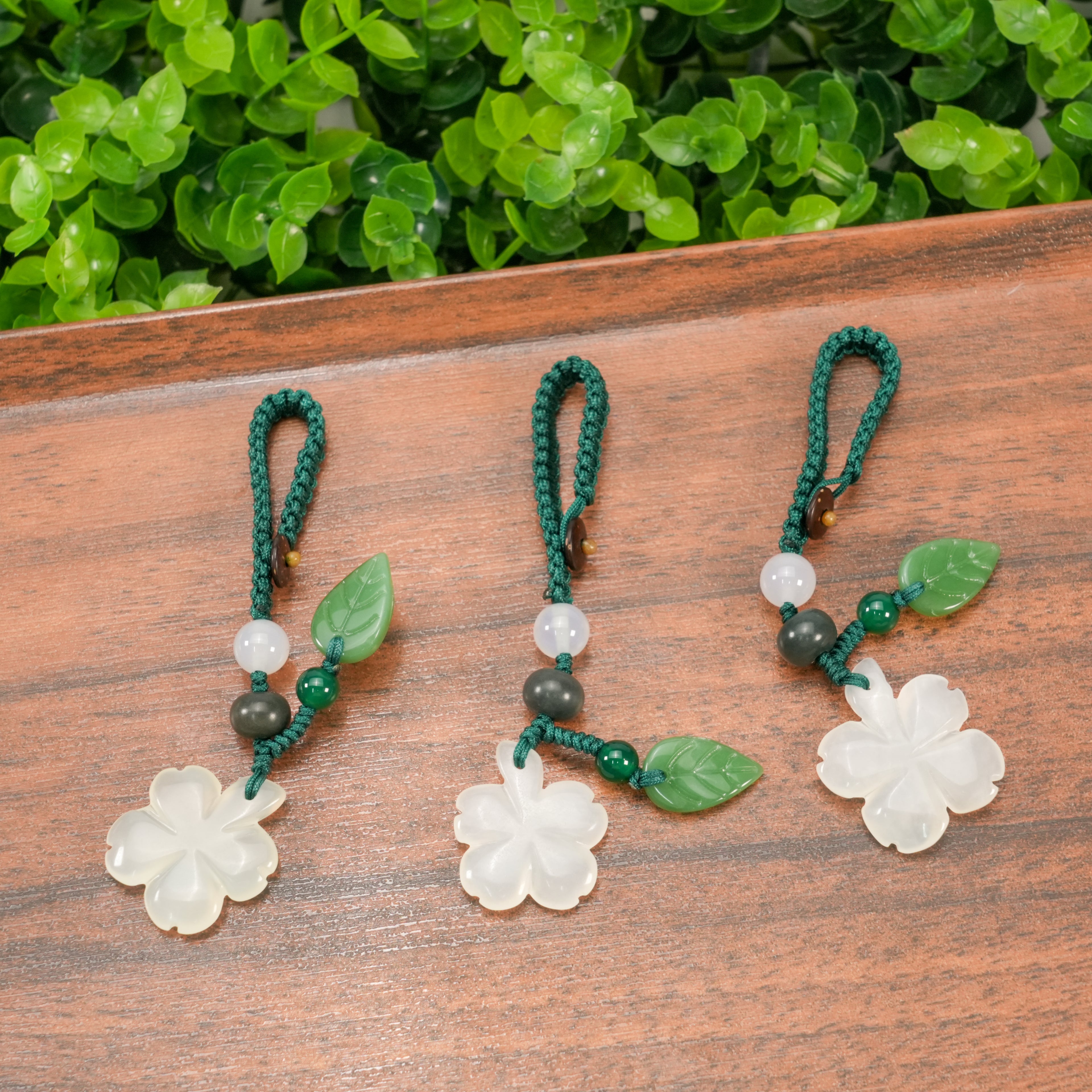 Xiuyu Jade Flower Keychain • Hand Carved Lucky Charm Key Ring