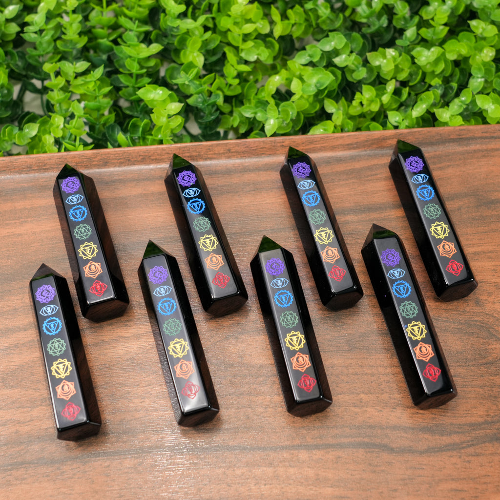 Black Obsidian 7 Chakra Crystal Wand | Engraved Energy Healing Obelisk for Reiki & Meditation