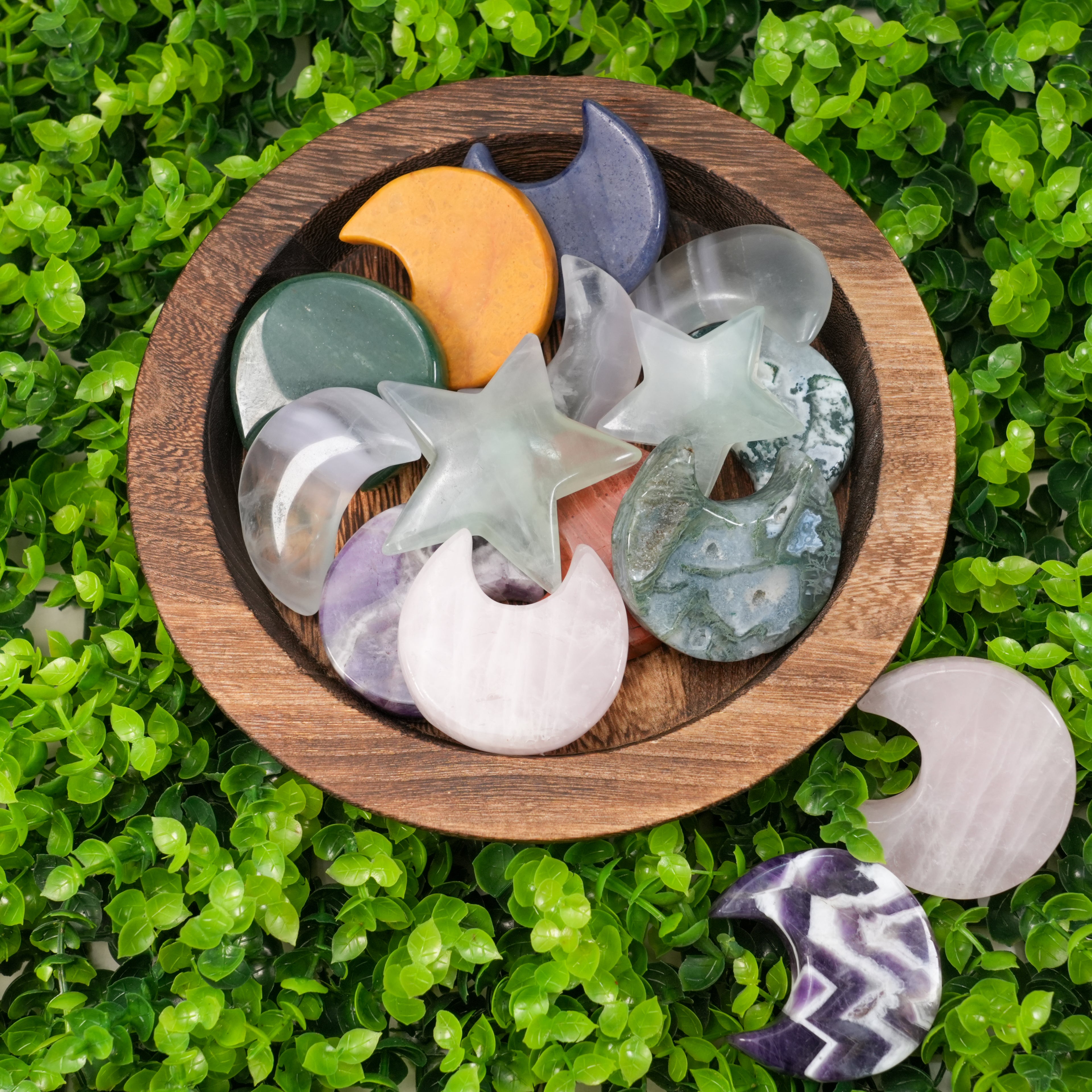 Mixed Crystal Moon & Star Carvings | Natural Polished Palm Stones for Meditation & Altar Décor