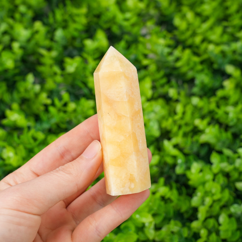 Honey Calcite Tower Point Hand-Polished Gemstone Obelisk for Confidence, Manifestation, and Solar Plexus Healing
