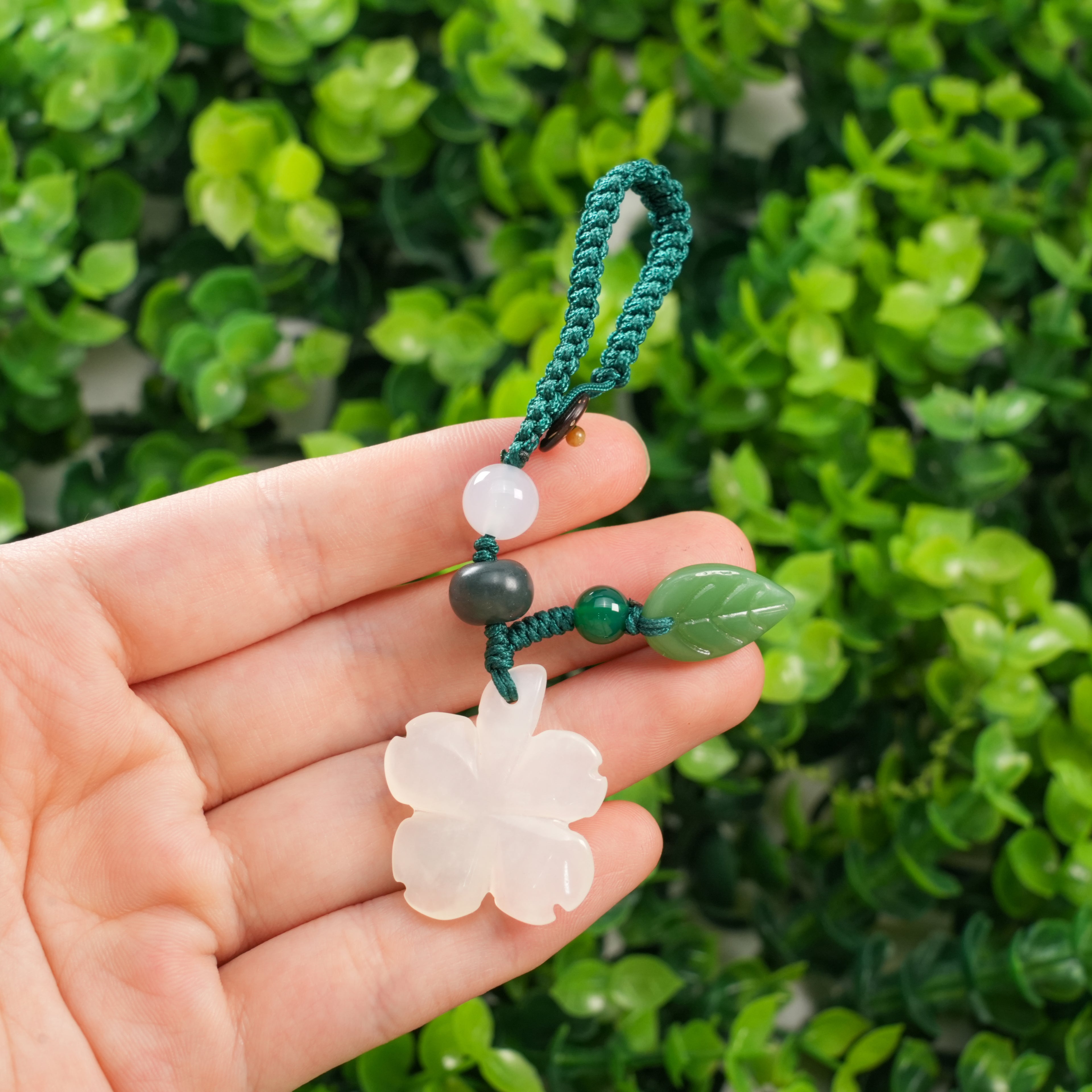 Xiuyu Jade Flower Keychain • Hand Carved Lucky Charm Key Ring