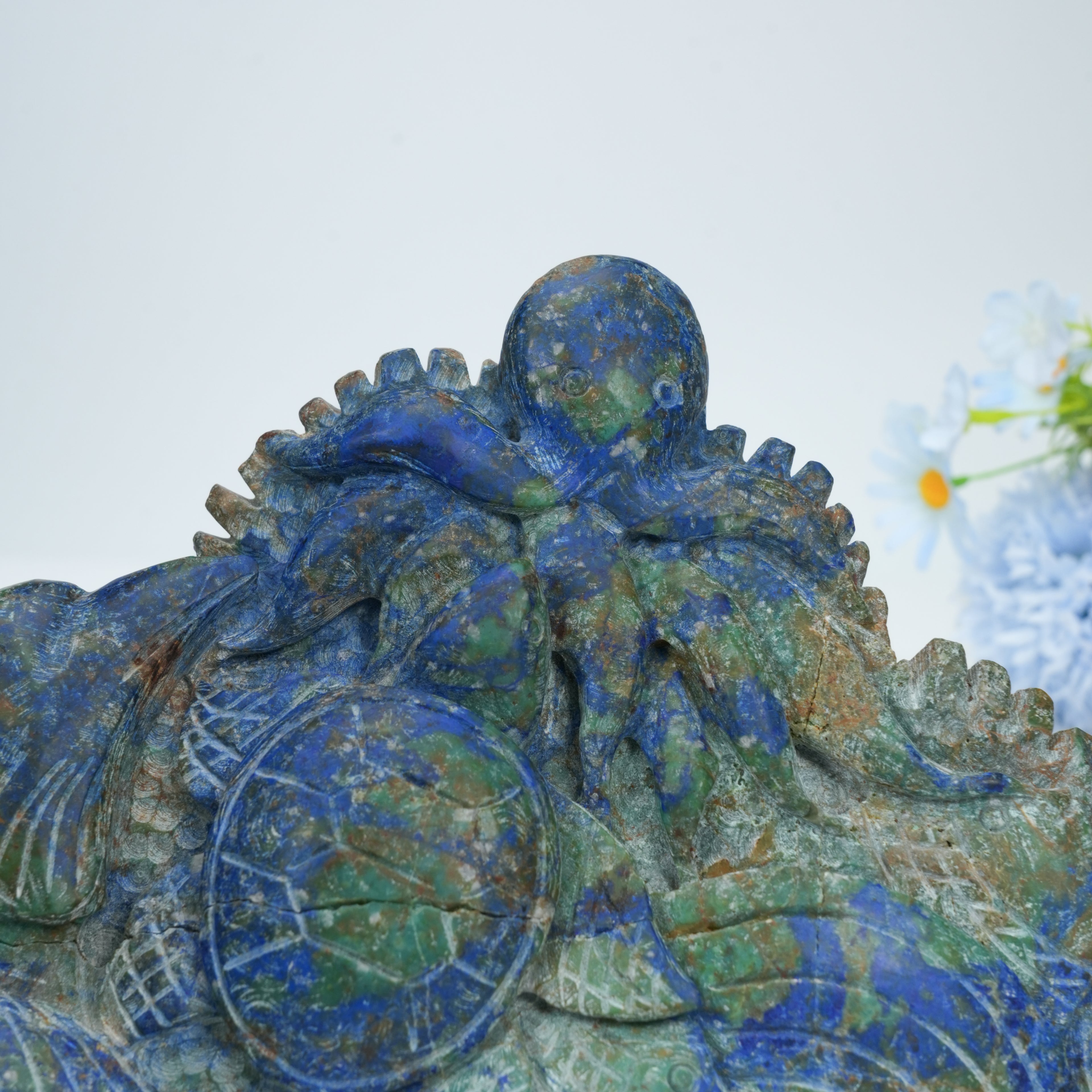 Natural Azurite Malachite Ocean Life Carving, Hand Carved Sea Turtle, Fish & Octopus Crystal Sculpture for Home Decor, Healing & Collection