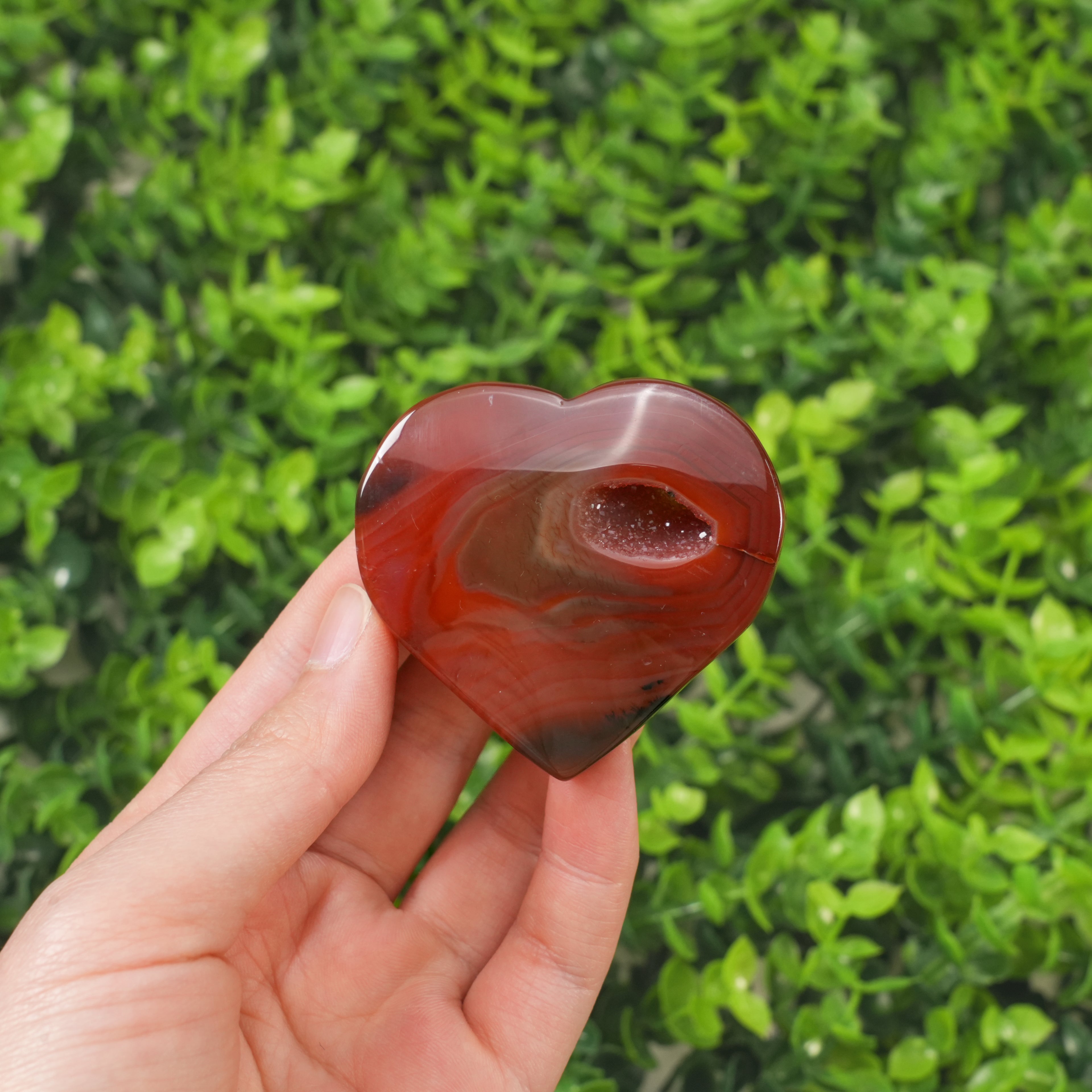 Natural Carnelian Agate Heart with Druzy Geode, Polished Crystal Heart Palm Stone, Healing Crystal for Love, Vitality & Home Decor
