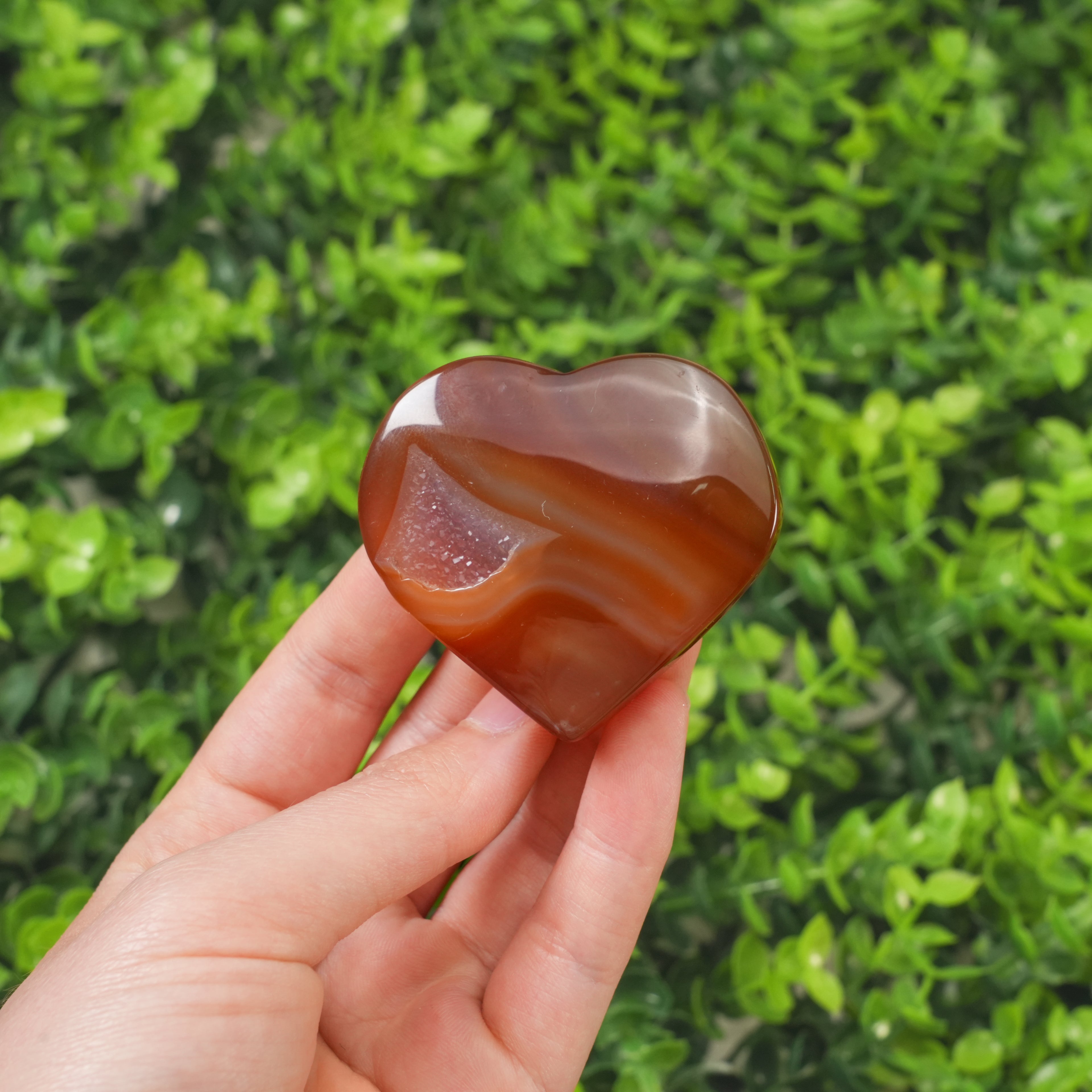 Natural Carnelian Agate Heart with Druzy Geode, Polished Crystal Heart Palm Stone, Healing Crystal for Love, Vitality & Home Decor