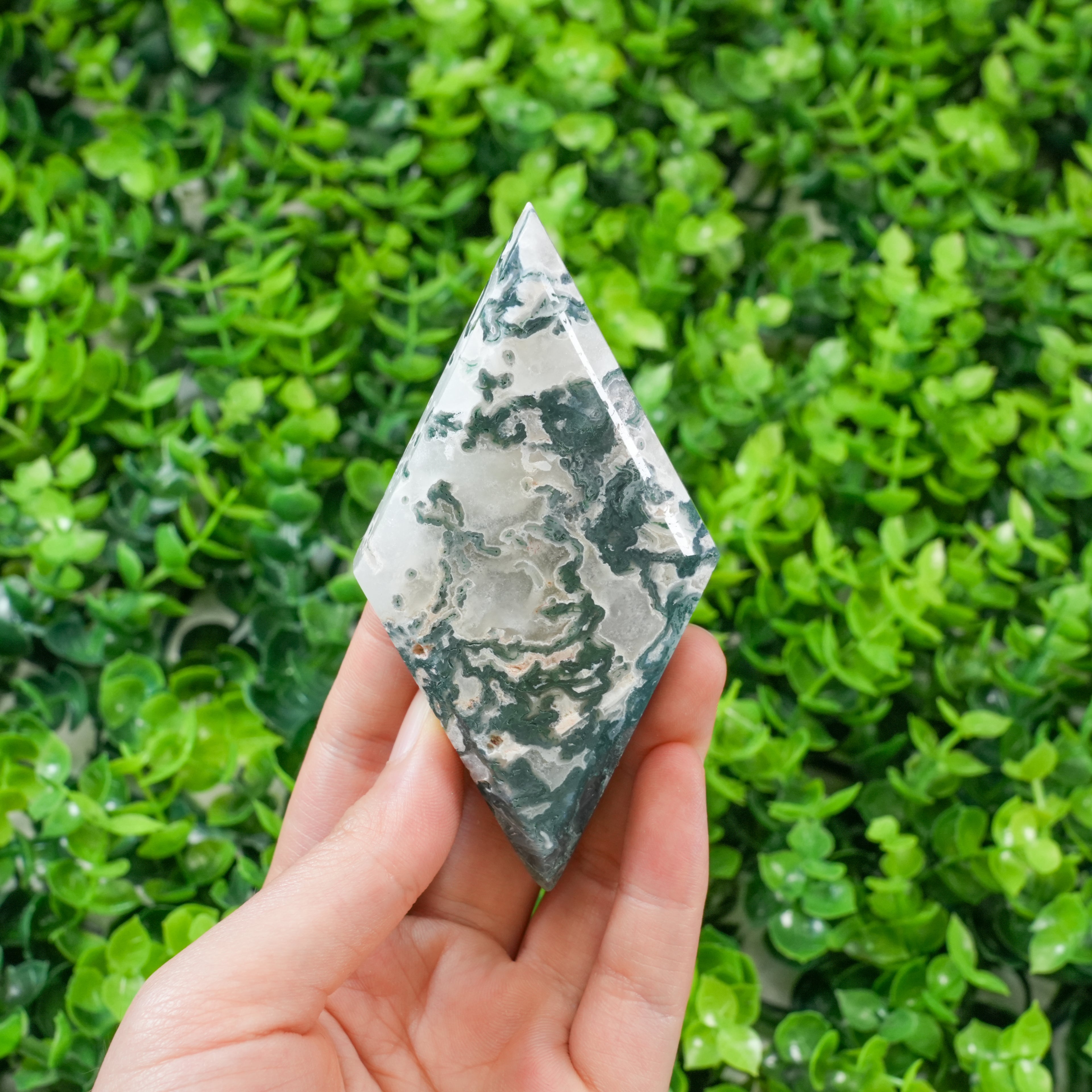 Moss Agate Diamond Crystal Carving | Polished Rhombus Crystal Point for Grounding Energy, Meditation & Boho Home Decor | Unique Spiritual Gift
