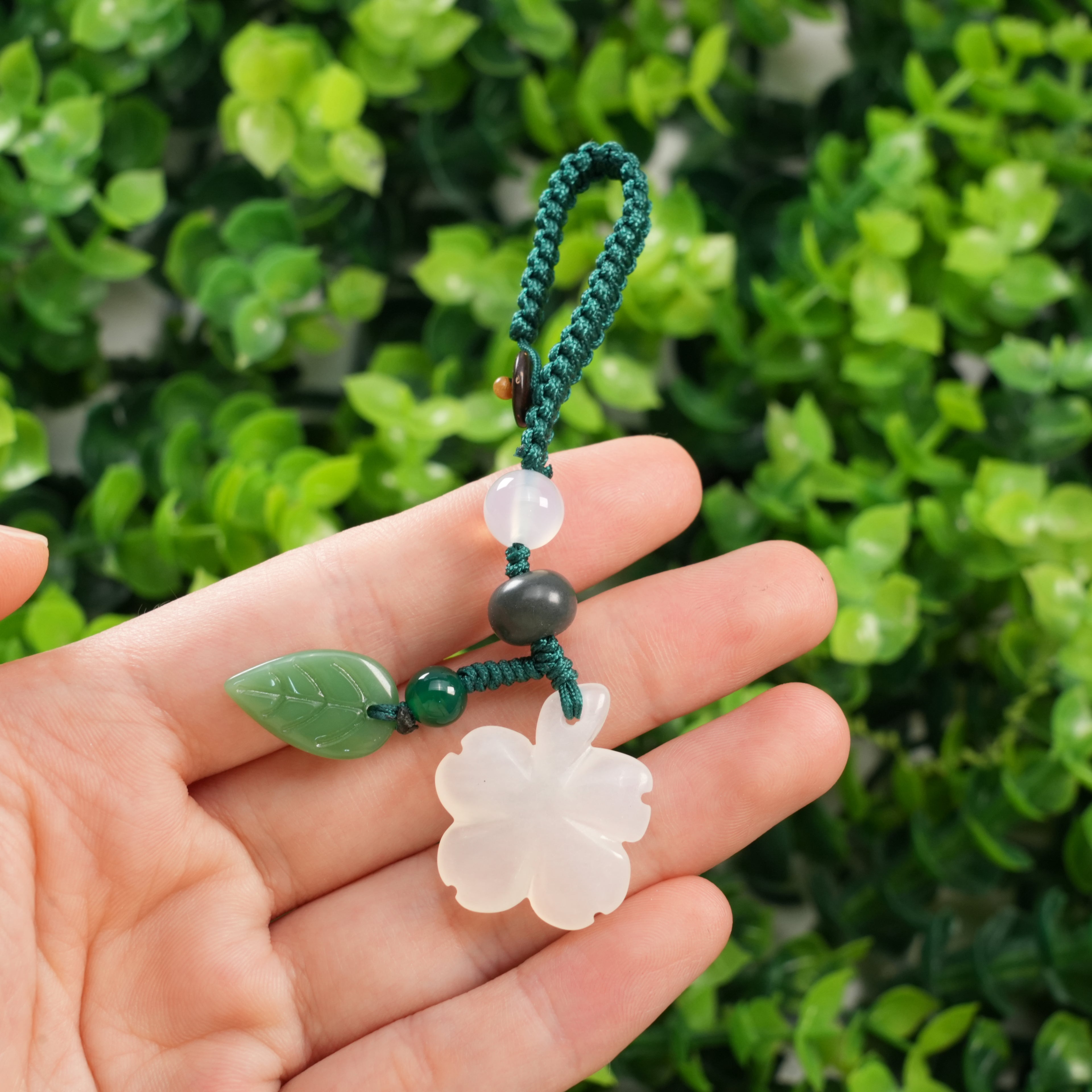 Xiuyu Jade Flower Keychain • Hand Carved Lucky Charm Key Ring