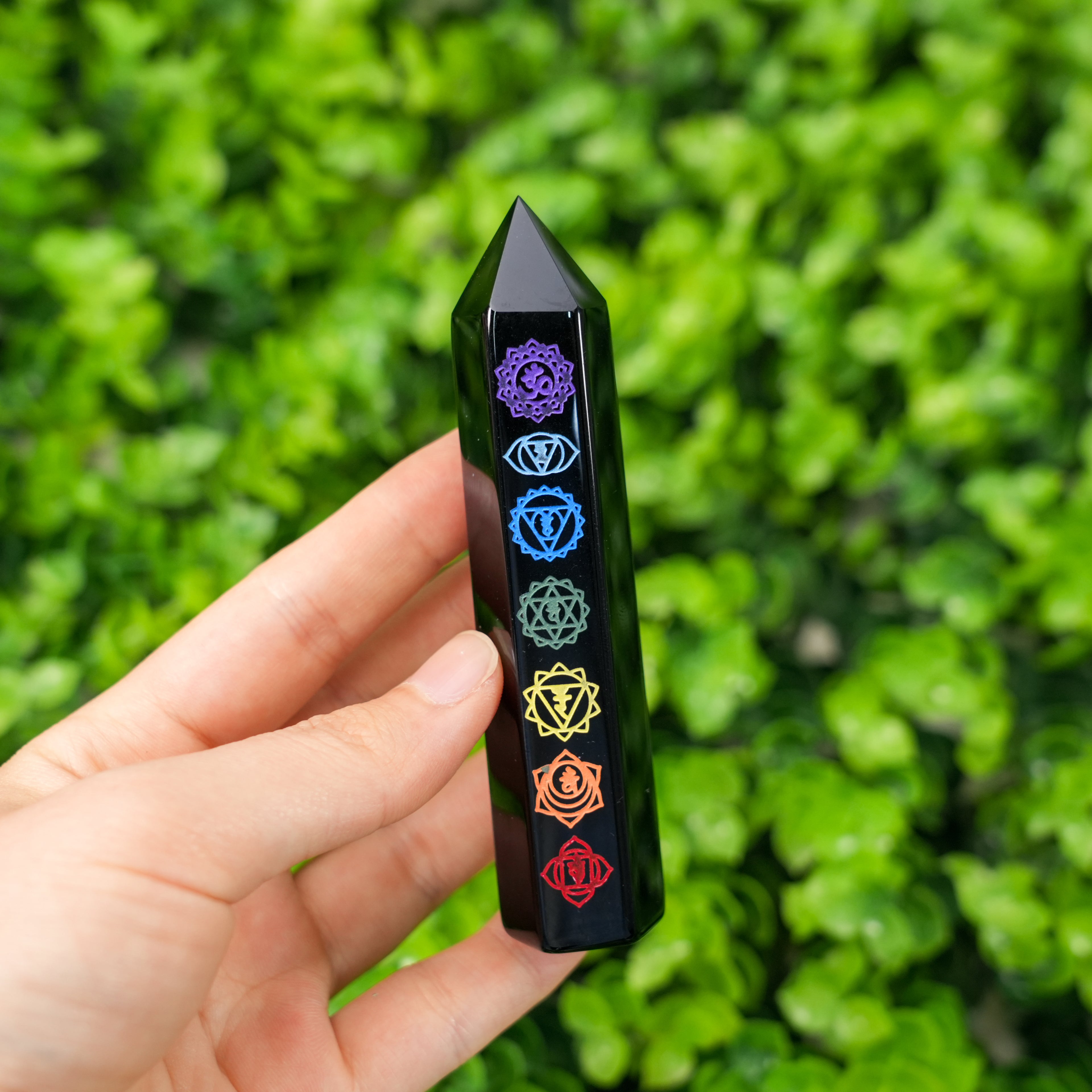 Black Obsidian 7 Chakra Crystal Wand | Engraved Energy Healing Obelisk for Reiki & Meditation