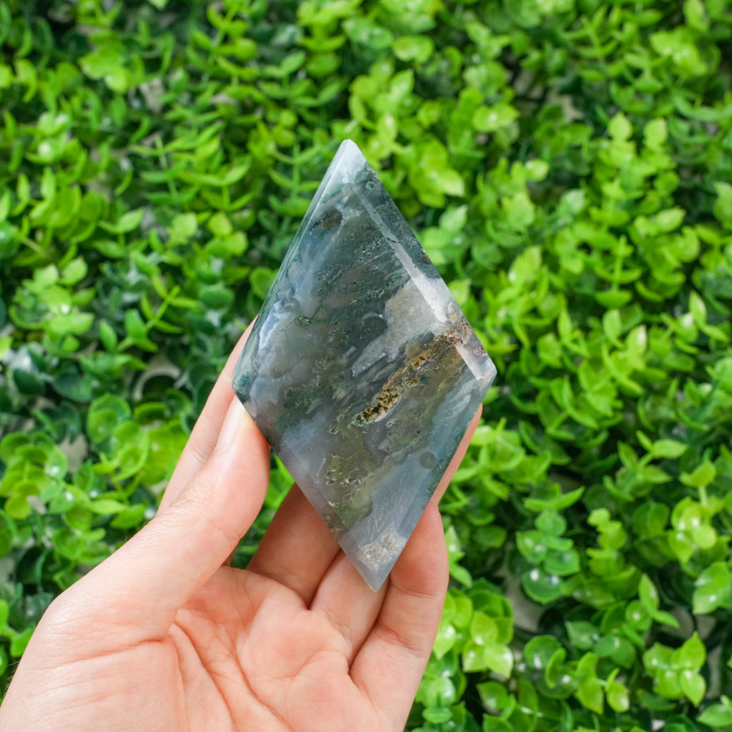 Moss Agate Diamond Crystal Carving | Polished Rhombus Crystal Point for Grounding Energy, Meditation & Boho Home Decor | Unique Spiritual Gift