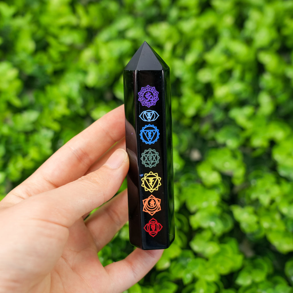 Black Obsidian 7 Chakra Crystal Wand | Engraved Energy Healing Obelisk for Reiki & Meditation