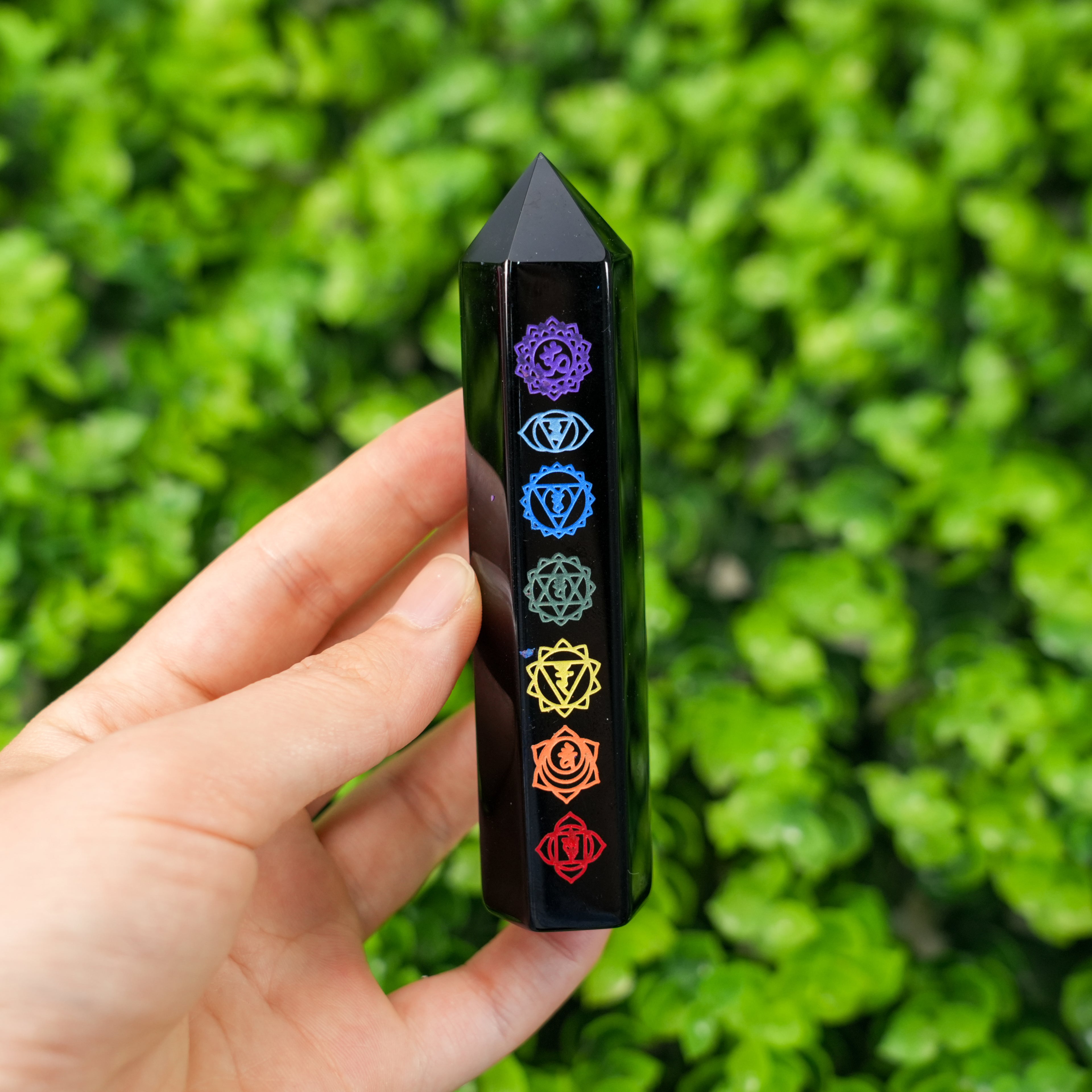 Black Obsidian 7 Chakra Crystal Wand | Engraved Energy Healing Obelisk for Reiki & Meditation