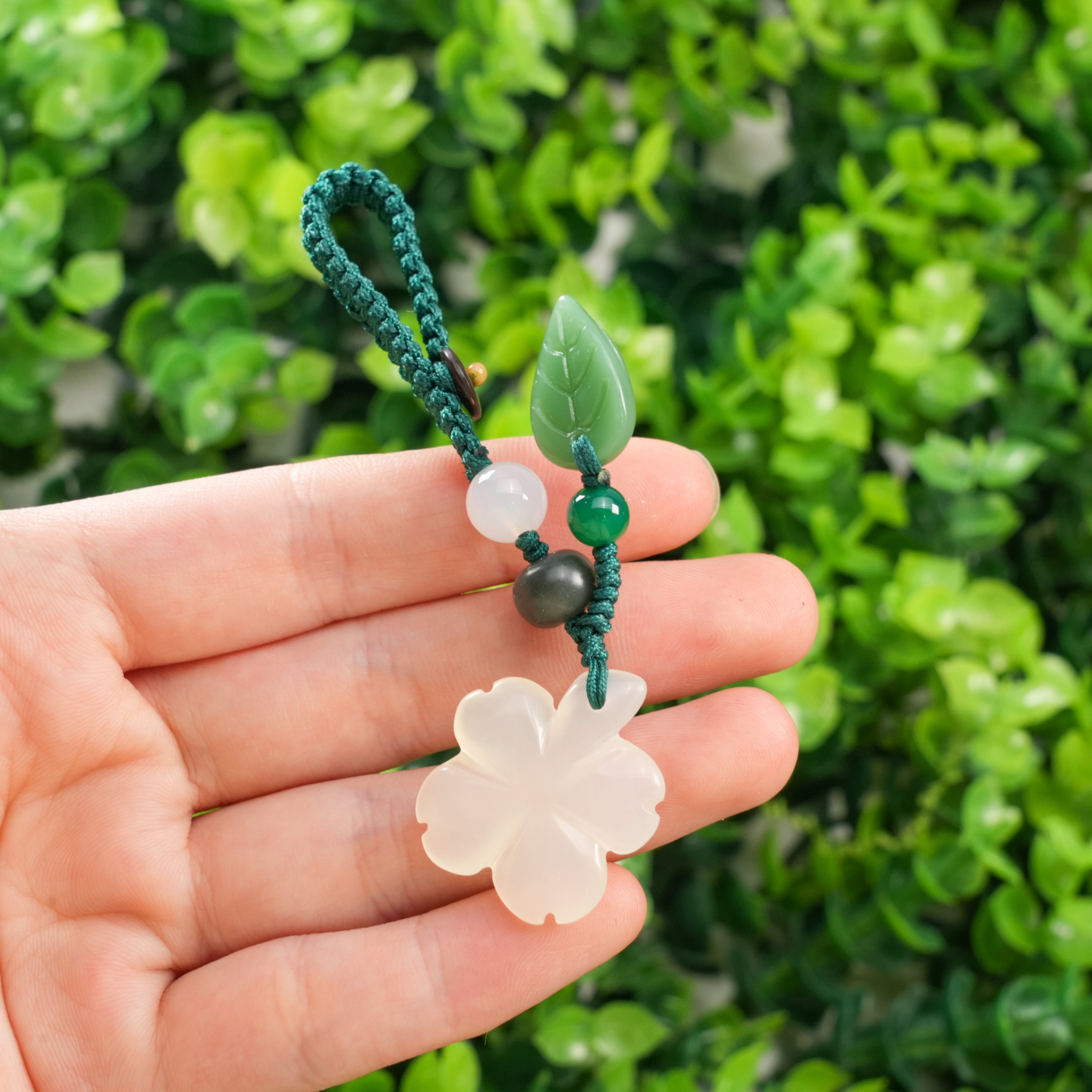 Xiuyu Jade Flower Keychain • Hand Carved Lucky Charm Key Ring