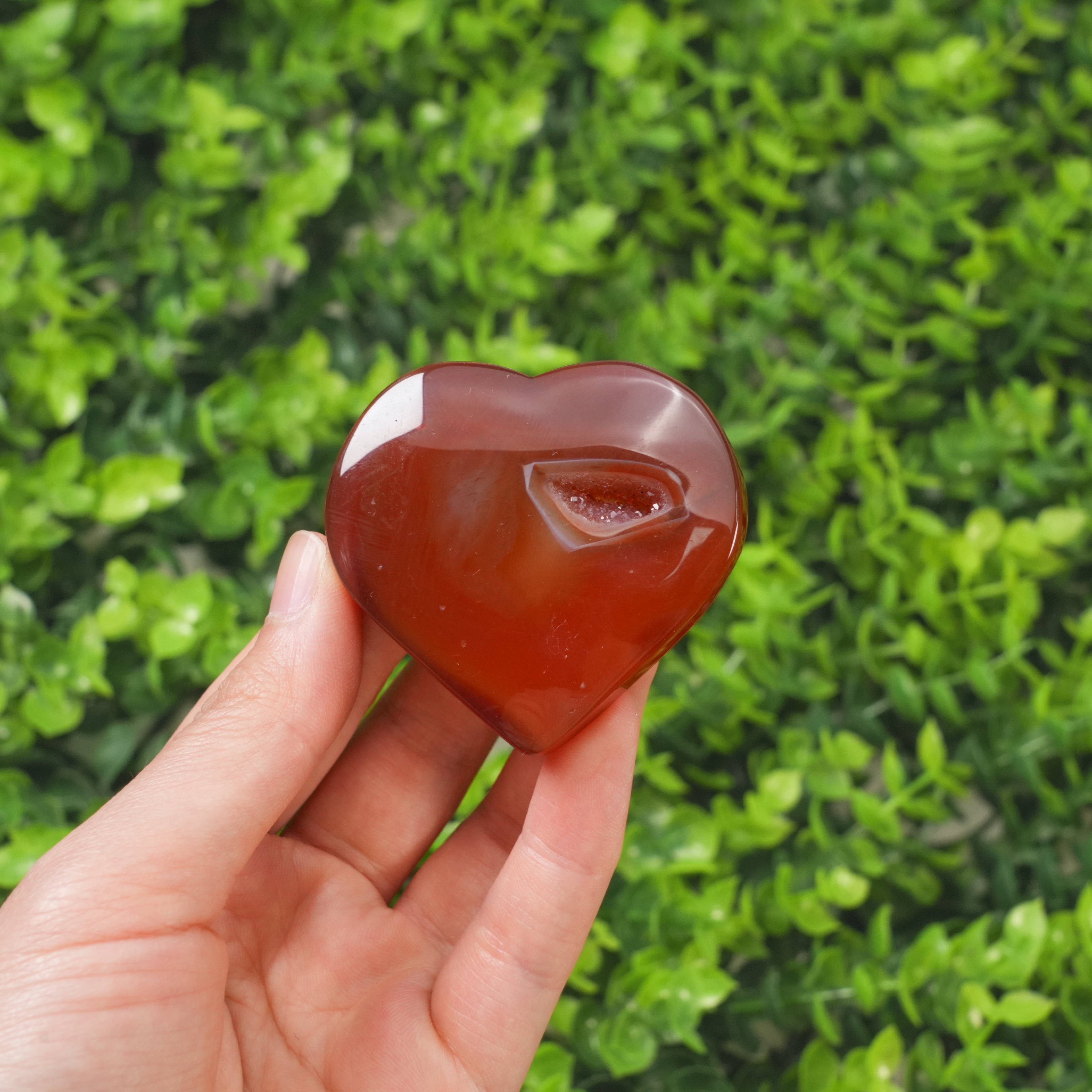 Natural Carnelian Agate Heart with Druzy Geode, Polished Crystal Heart Palm Stone, Healing Crystal for Love, Vitality & Home Decor