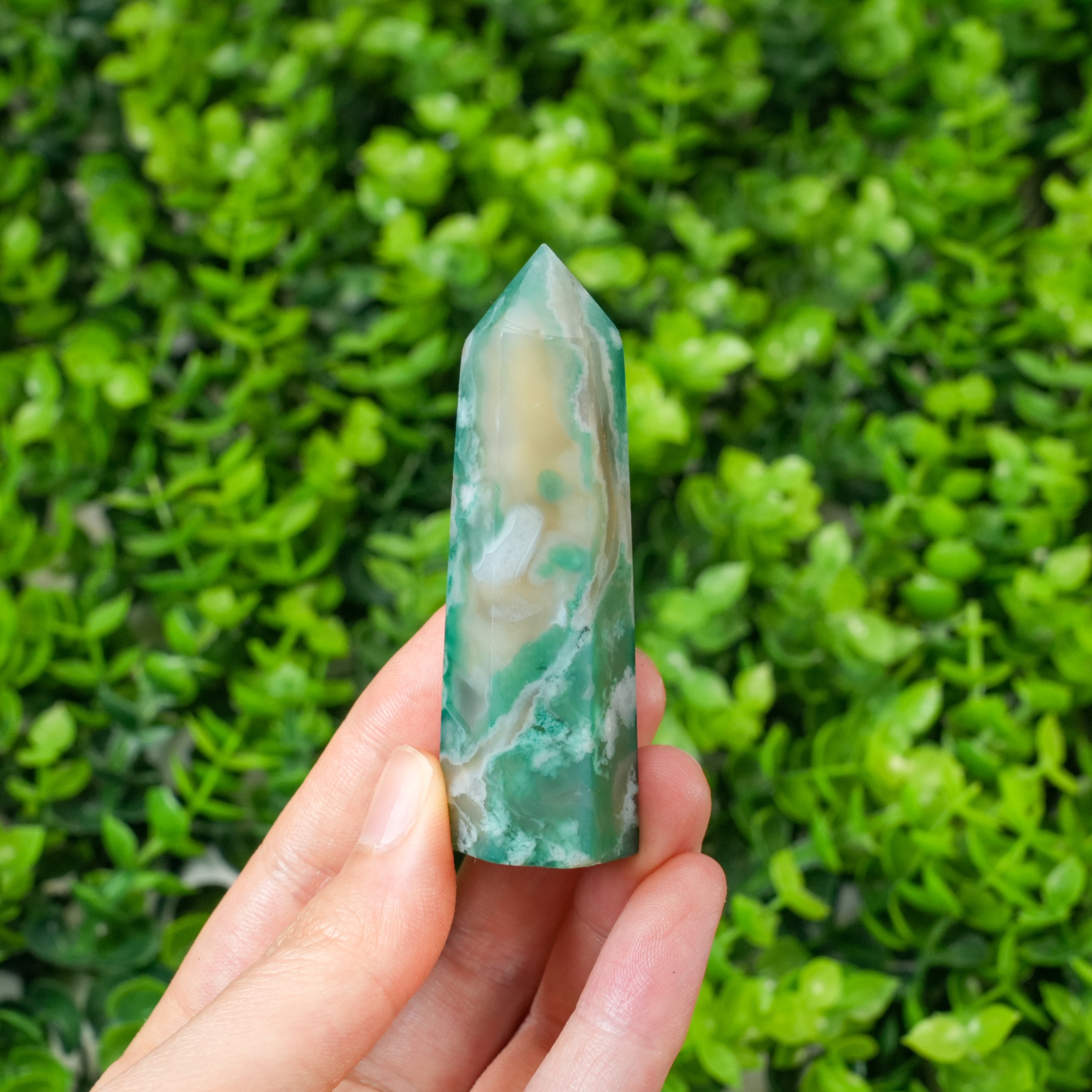Green Flower Agate Crystal Point Tower, Natural Flower Agate Obelisk for Home Decor & Energy Healing