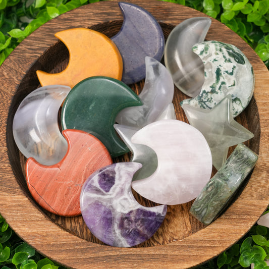 Mixed Crystal Moon & Star Carvings | Natural Polished Palm Stones for Meditation & Altar Décor