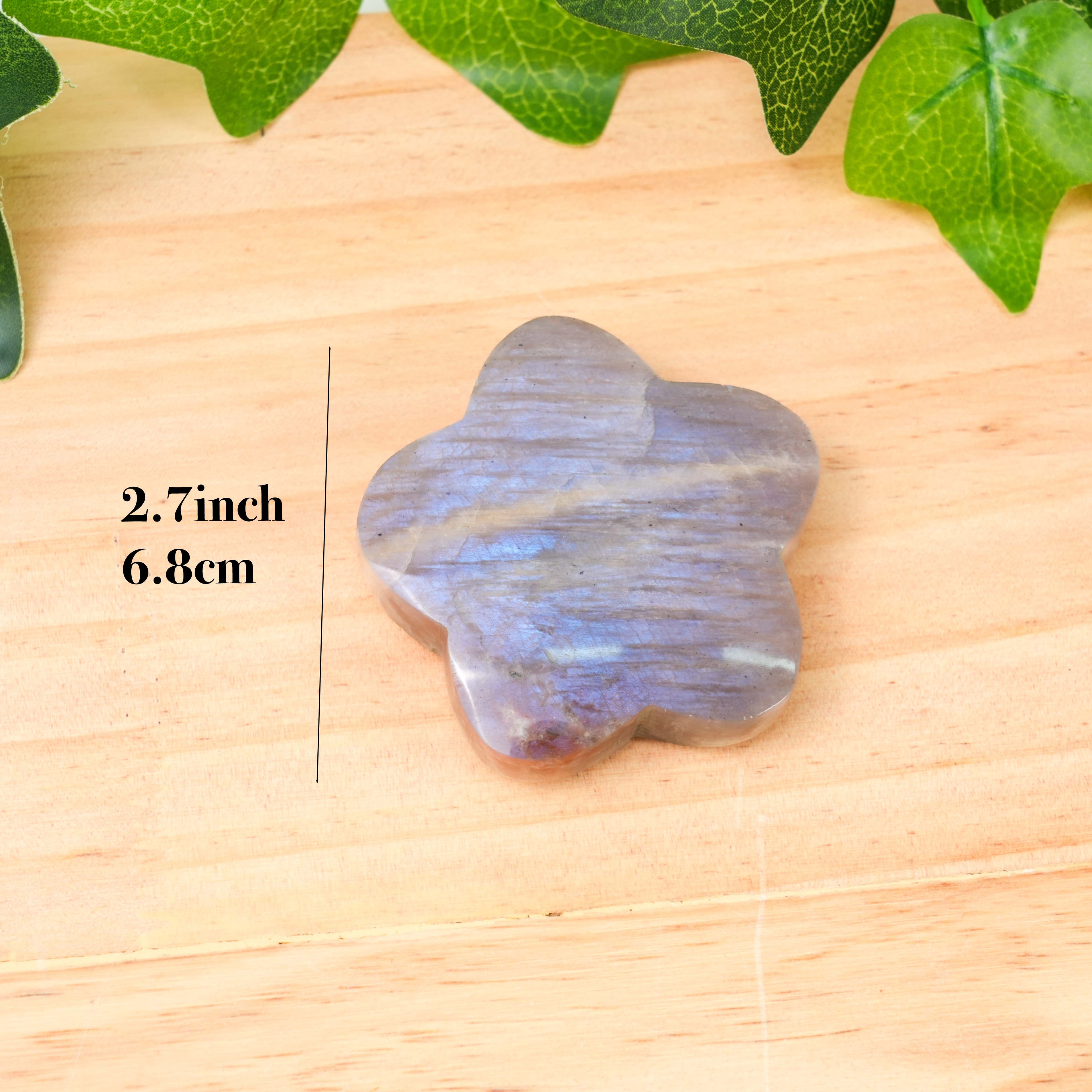 Natural Moonstone Flower Palm Stone | Blue Flash Moonstone Clover Carving for Meditation, Healing & Home Decor